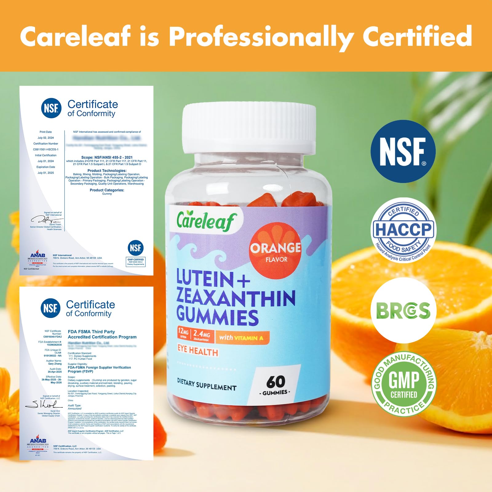 careleaf Lutein Gummies with fresh oranges in the background