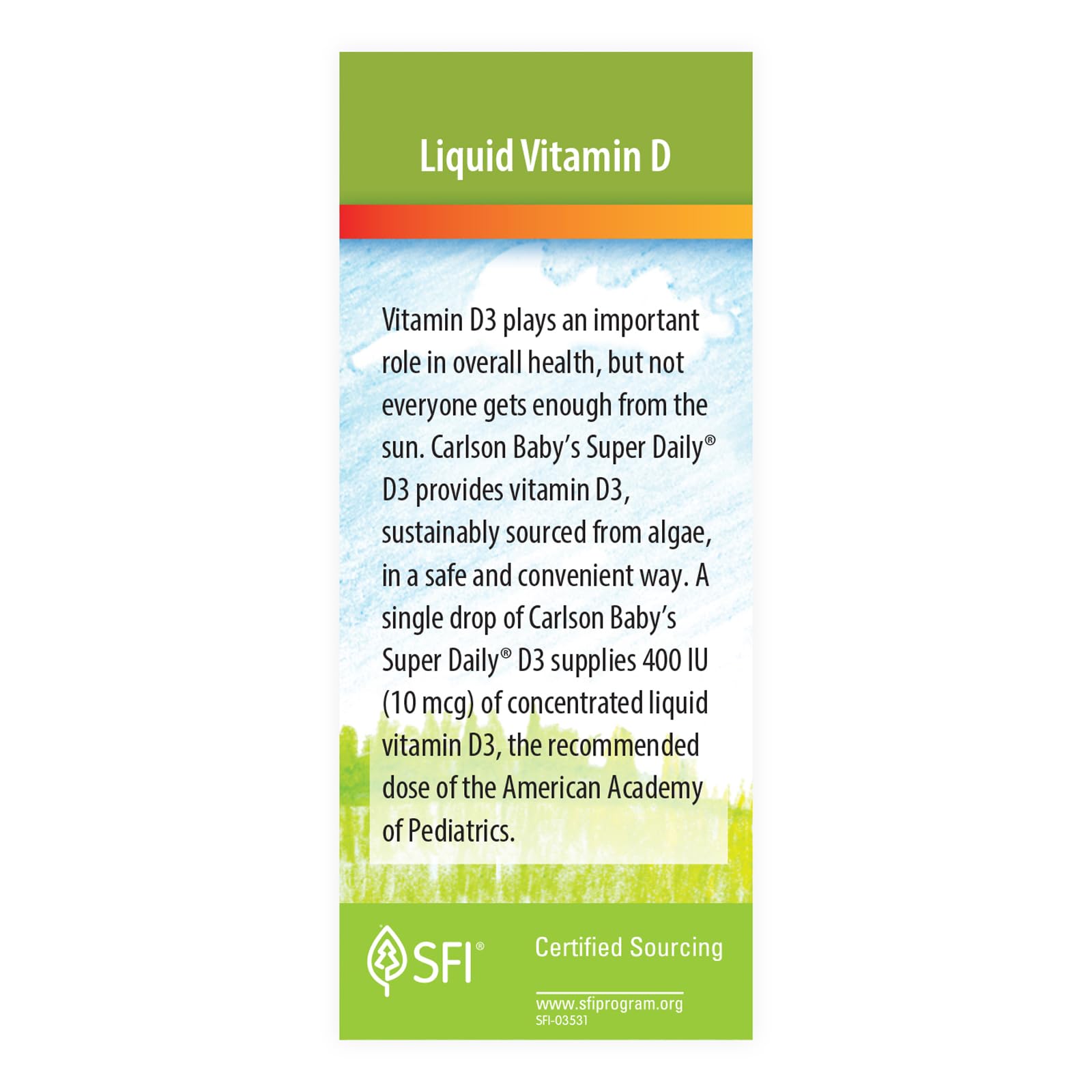 Carlson Baby's Plant-Based Super Daily D3 in a baby's bottle