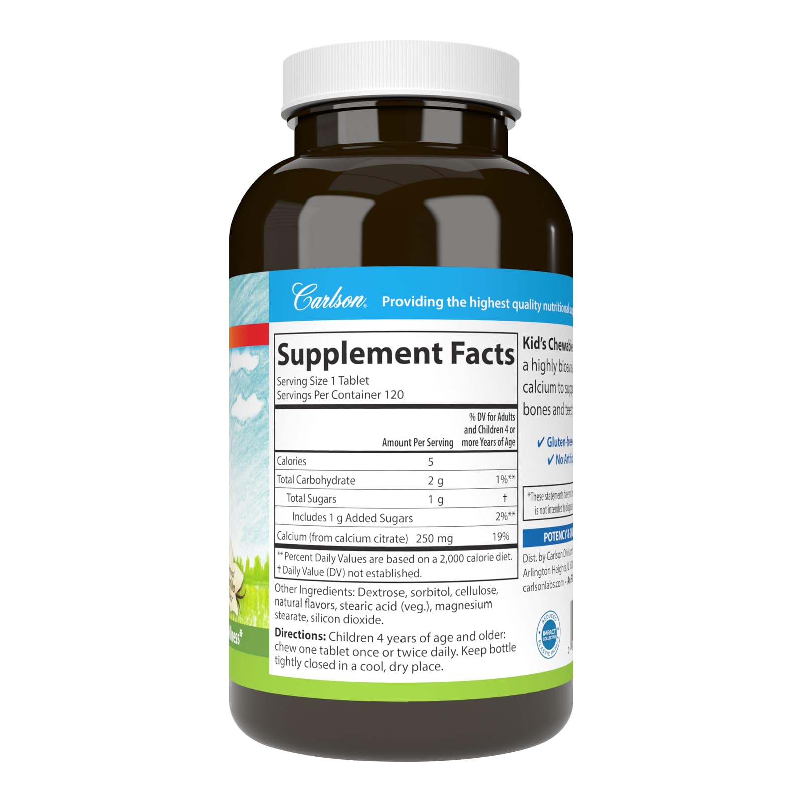 Carlson Calcium Chewable 250mg vanilla flavour on a wooden table