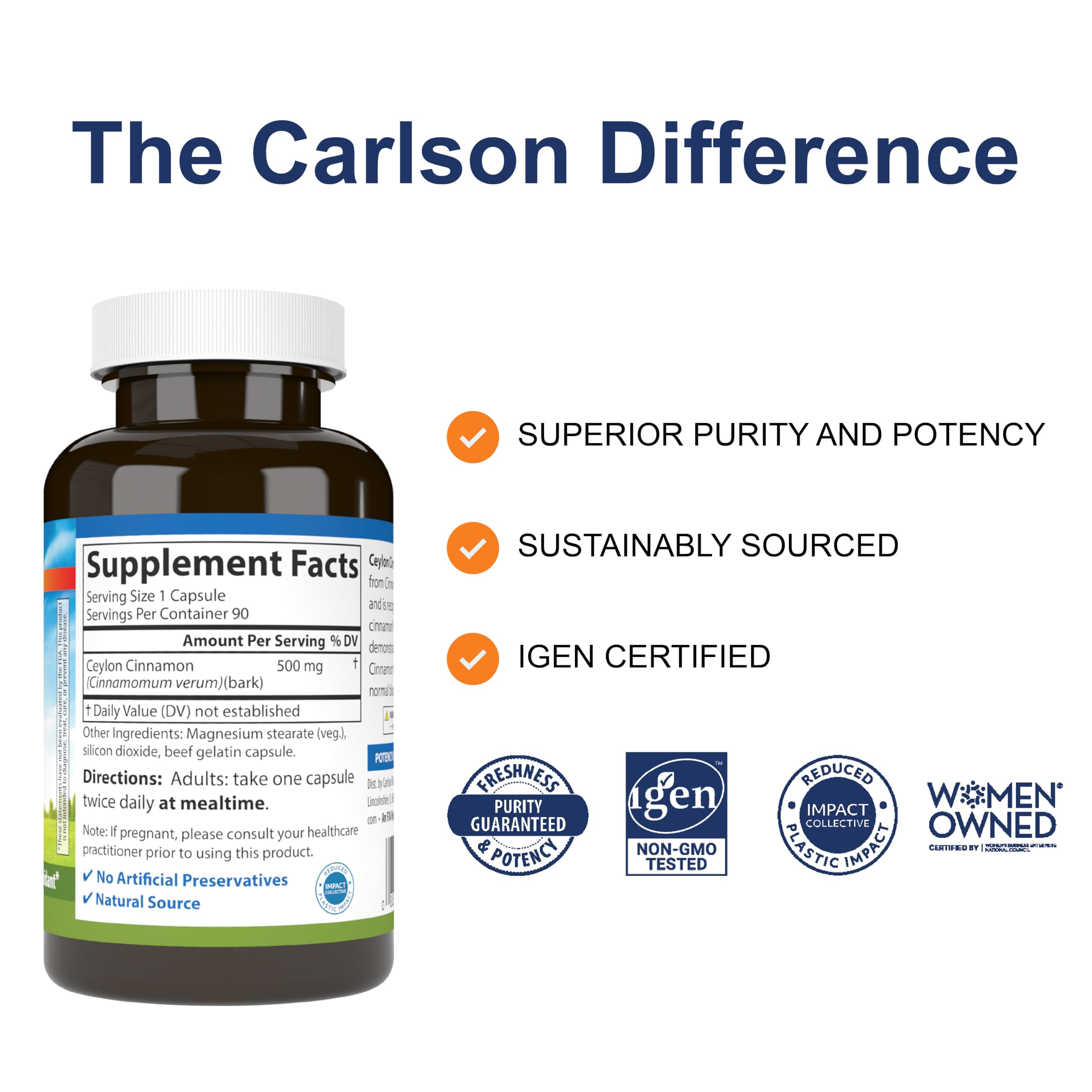 Carlson Ceylon Cinnamon Capsules 500mg side view