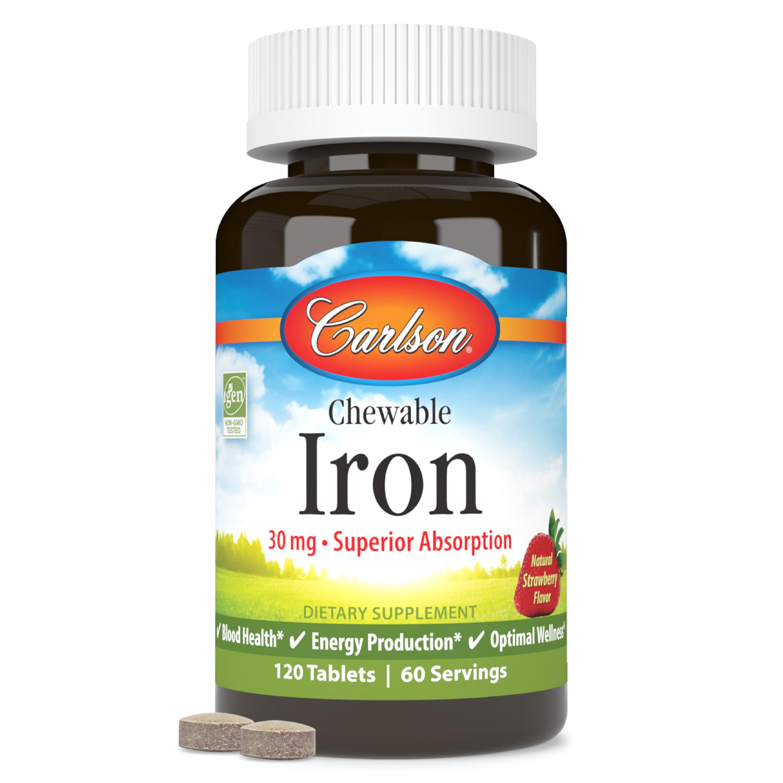 Carlson Chewable Iron Supplement 30mg strawberry flavour front view