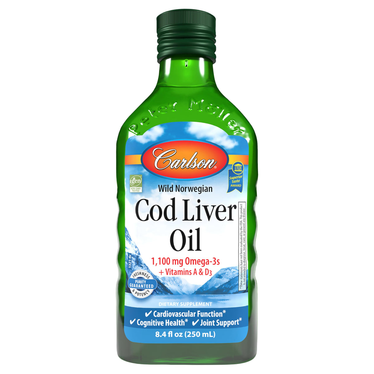 Carlson Cod Liver Oil Capsules front view with packaging