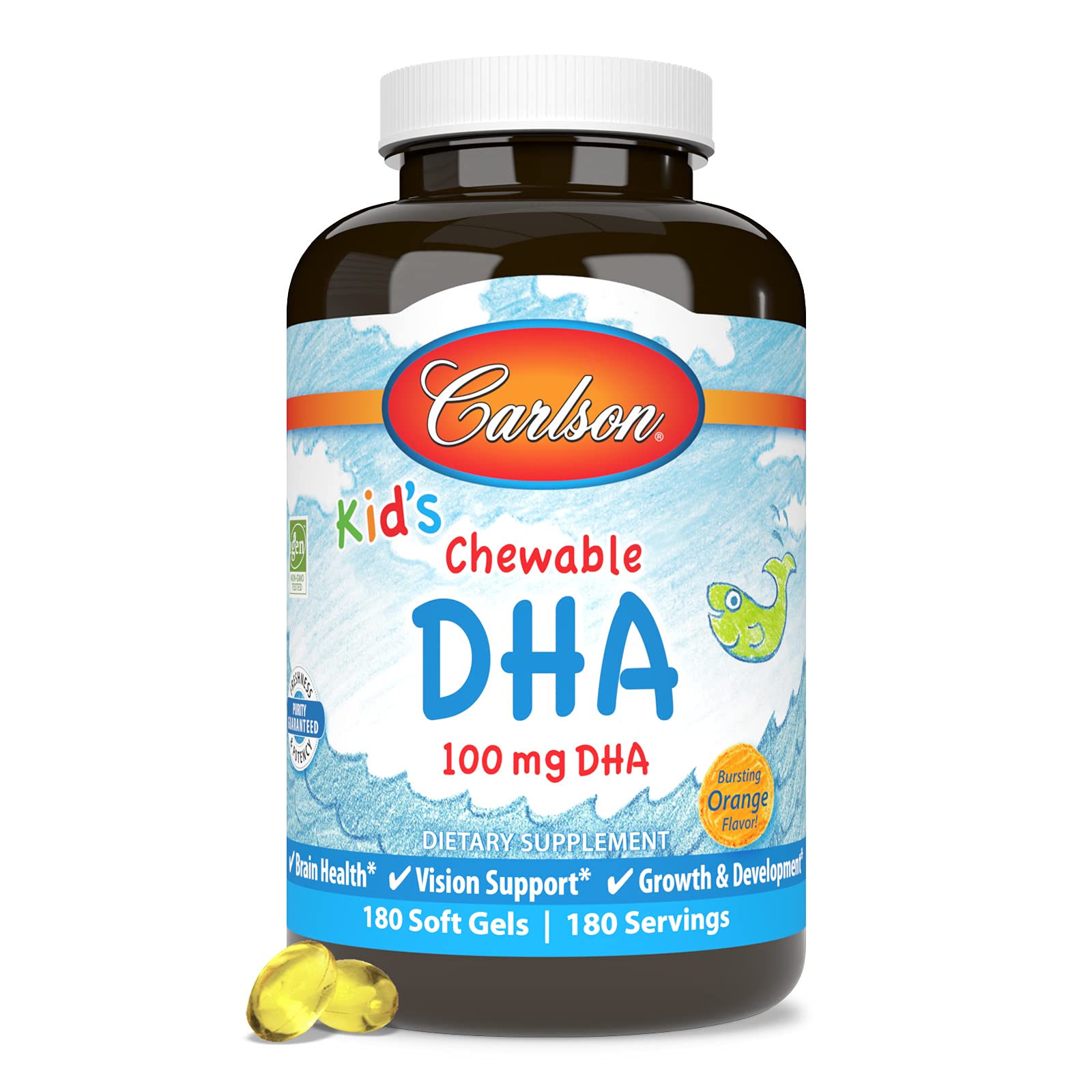Carlson DHA Soft Gel 100 mg orange flavour soft gel in hand