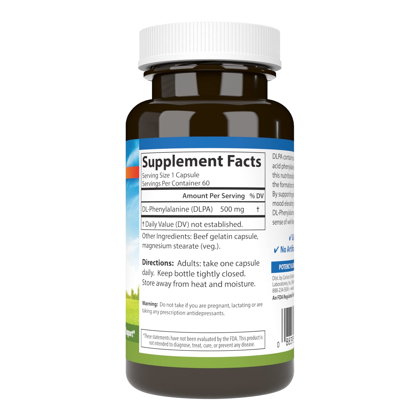 Carlson DLPA Amino Acid Supplement 500mg side view