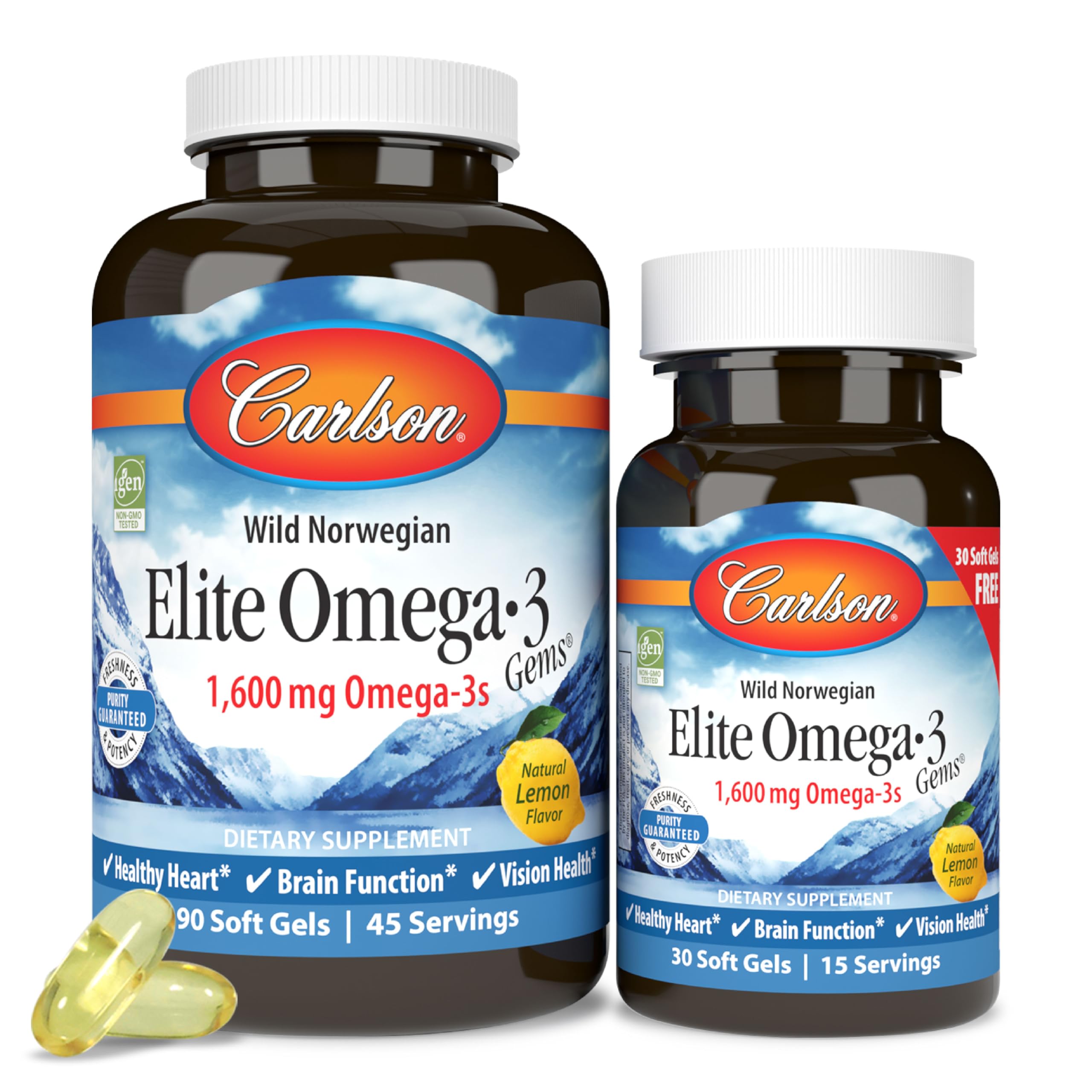 Carlson Elite Omega-3 Gems 1600mg lemon flavour supplement front view