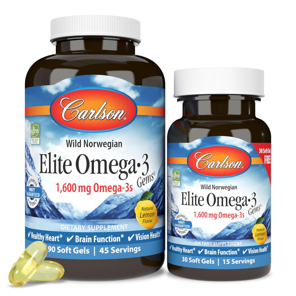 Carlson Elite Omega-3 Gems 1600mg lemon flavour supplement front view