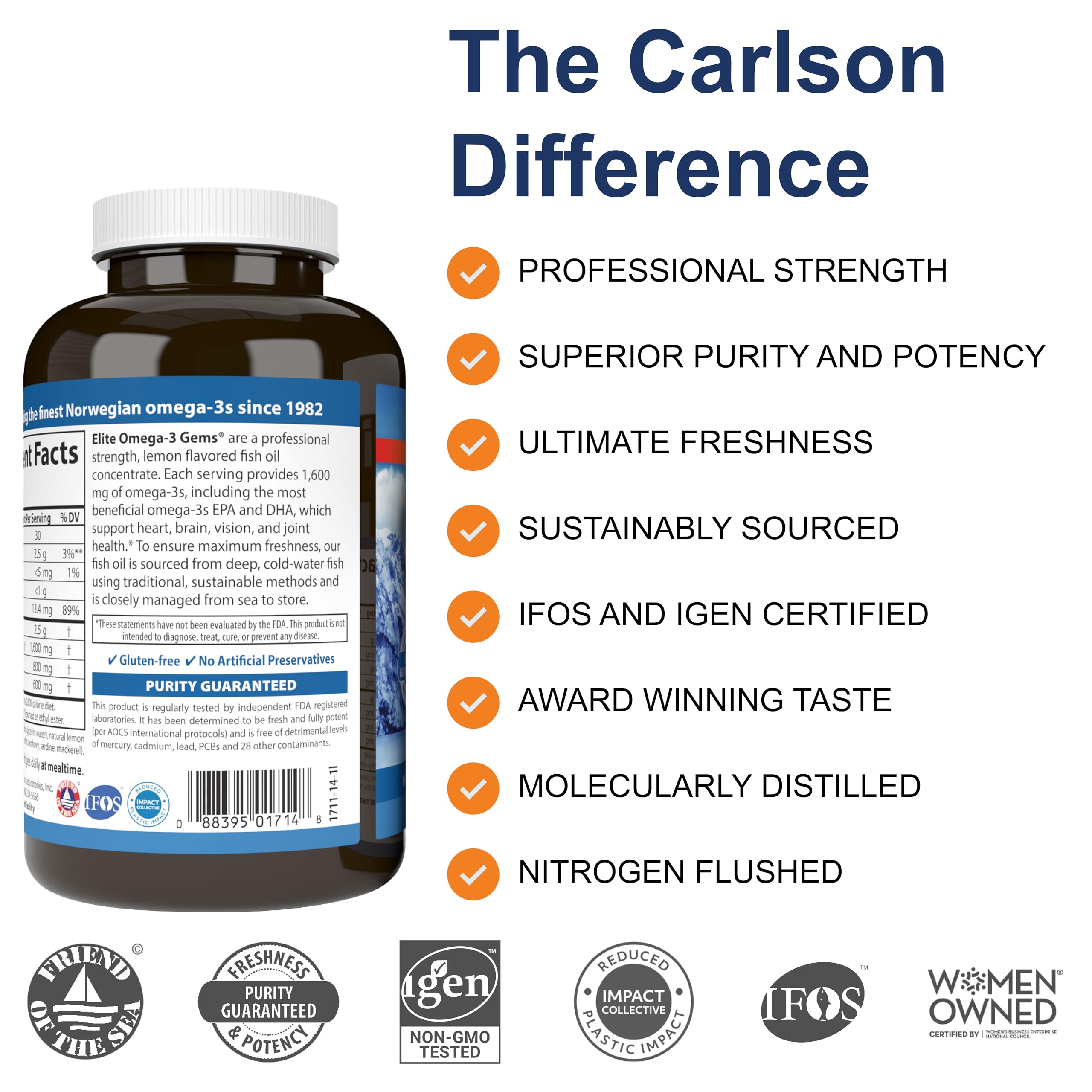 Carlson Elite Omega-3 Gems 1600mg lemon flavour supplement side view