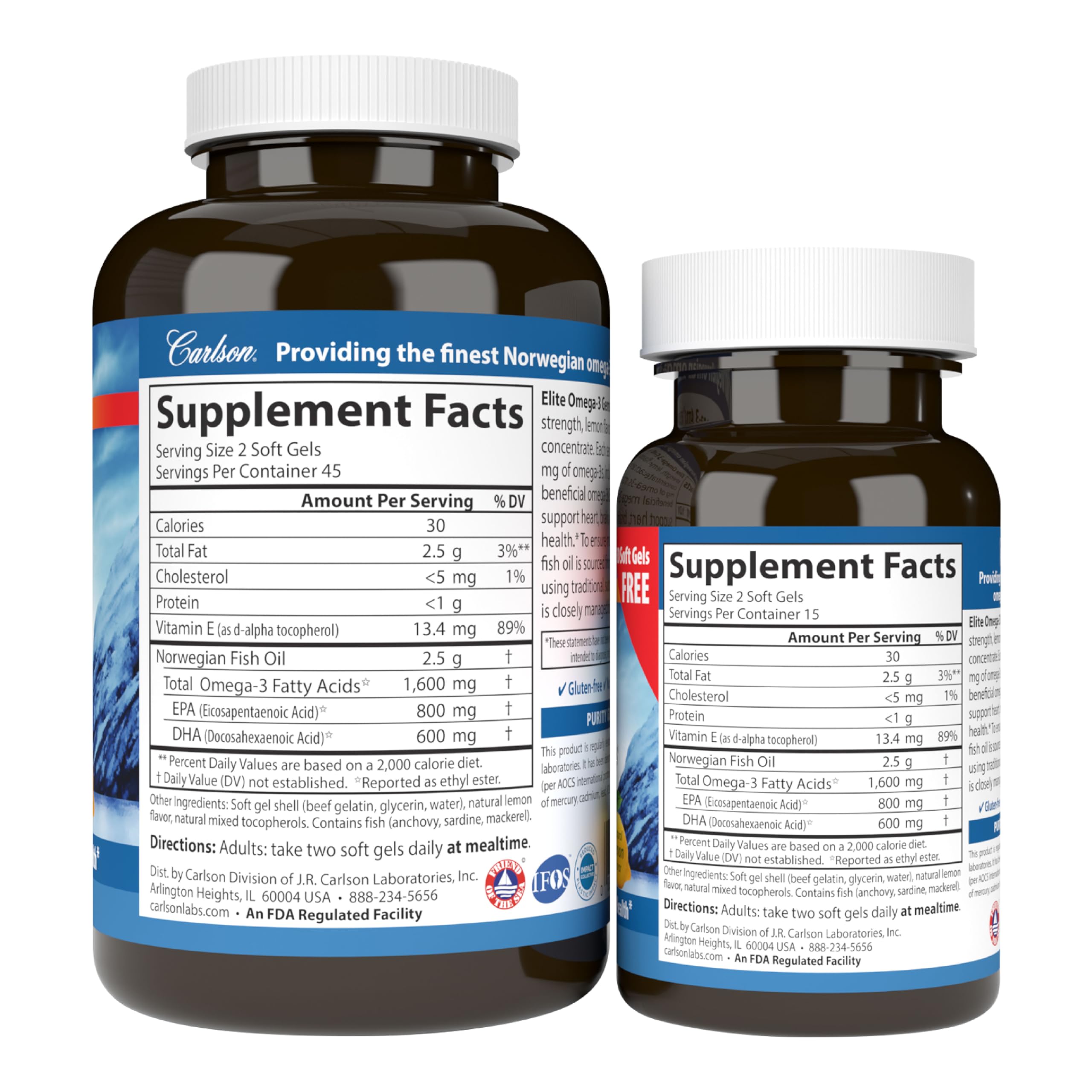 Carlson Elite Omega-3 Gems 1600mg supplement with lemon slices