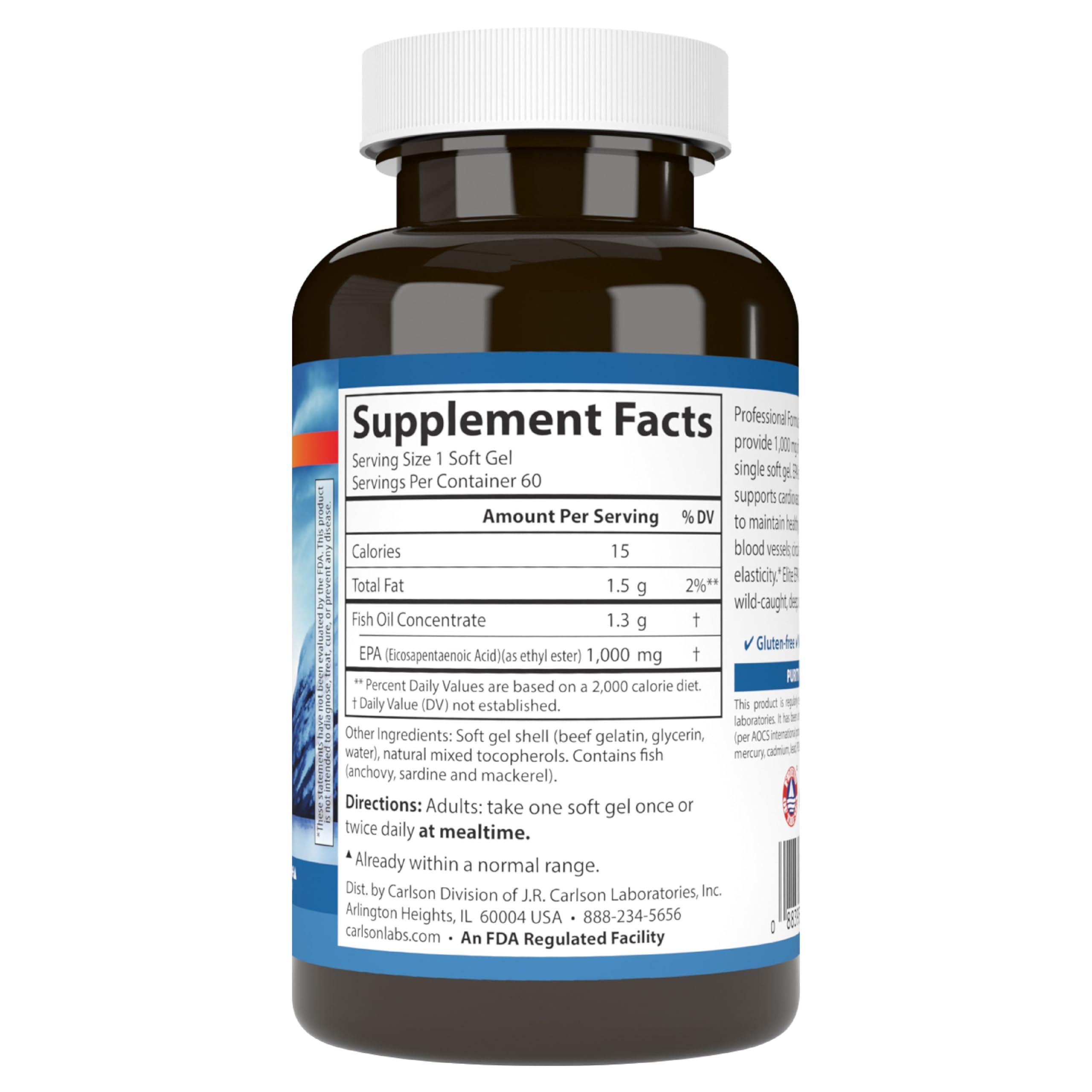 Carlson Fish Oil Supplement 1000mg EPA Softgels back view