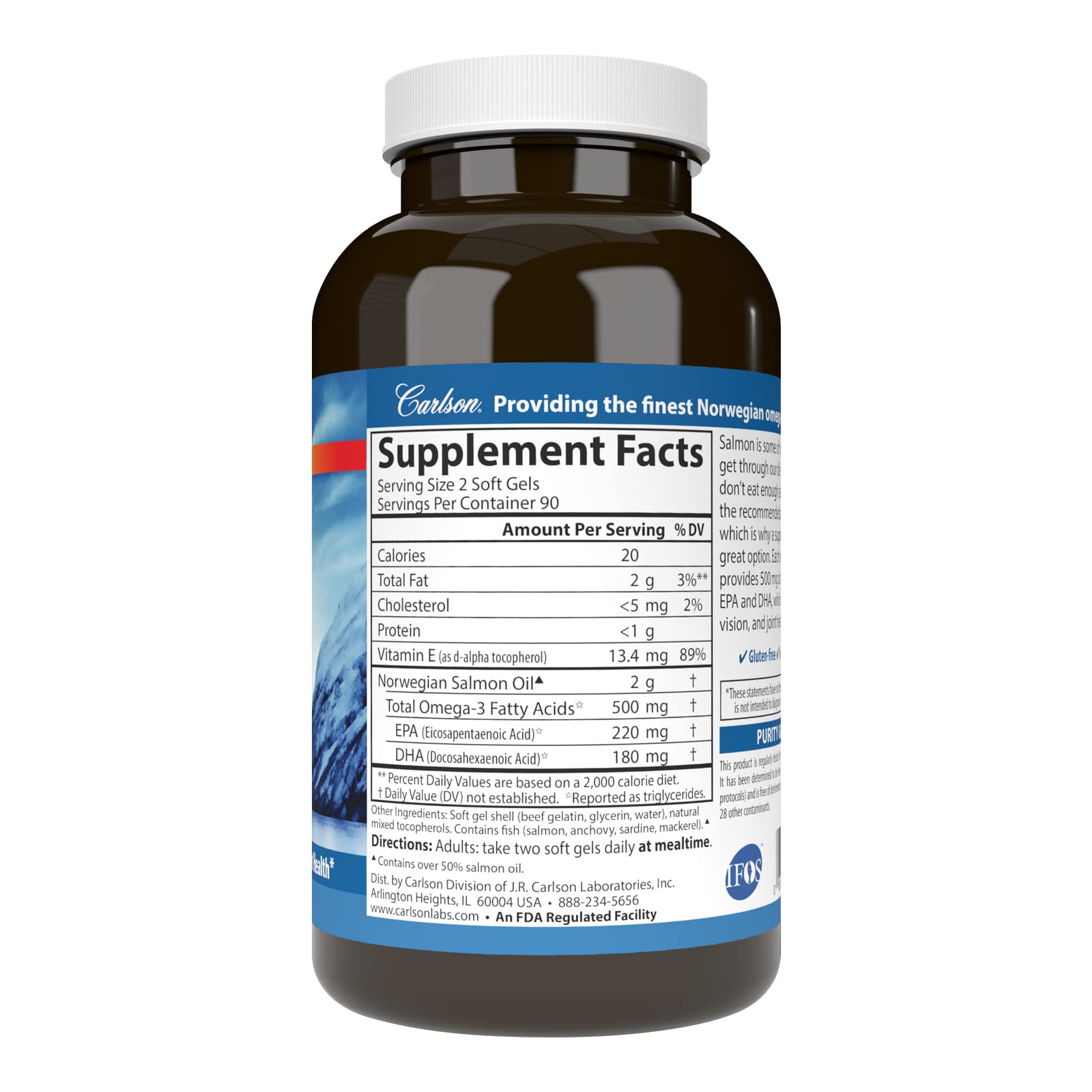 Carlson Fish Oil Supplement 500mg Omega-3s bottle side view