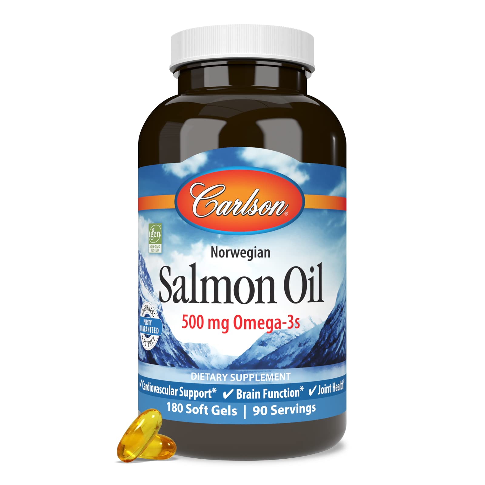 Carlson Fish Oil Supplement 500mg Omega-3s bottle with cap open