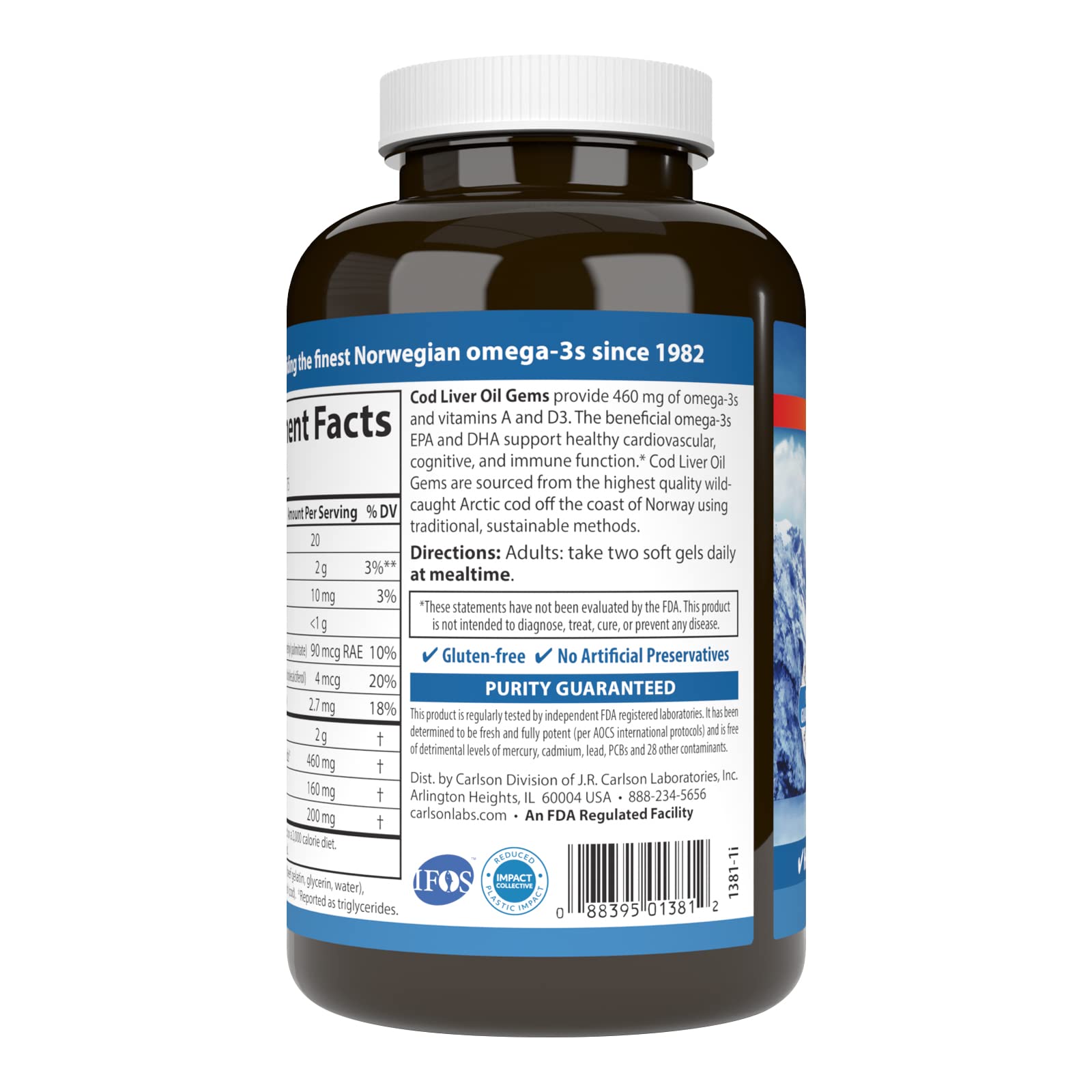 Carlson Fish Oil Supplement bottle back view with ingredient details