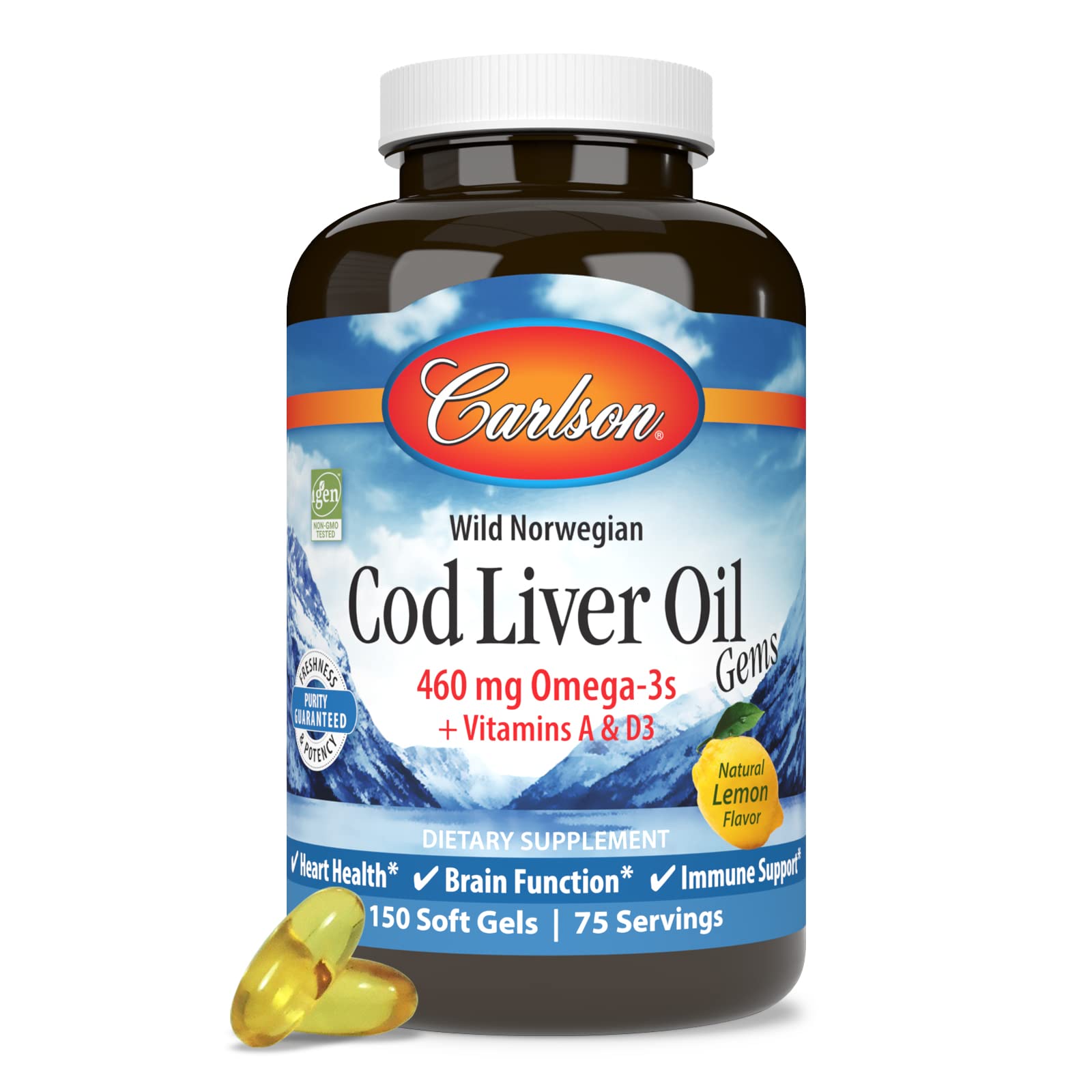 Carlson Fish Oil Supplement bottle on a wooden table