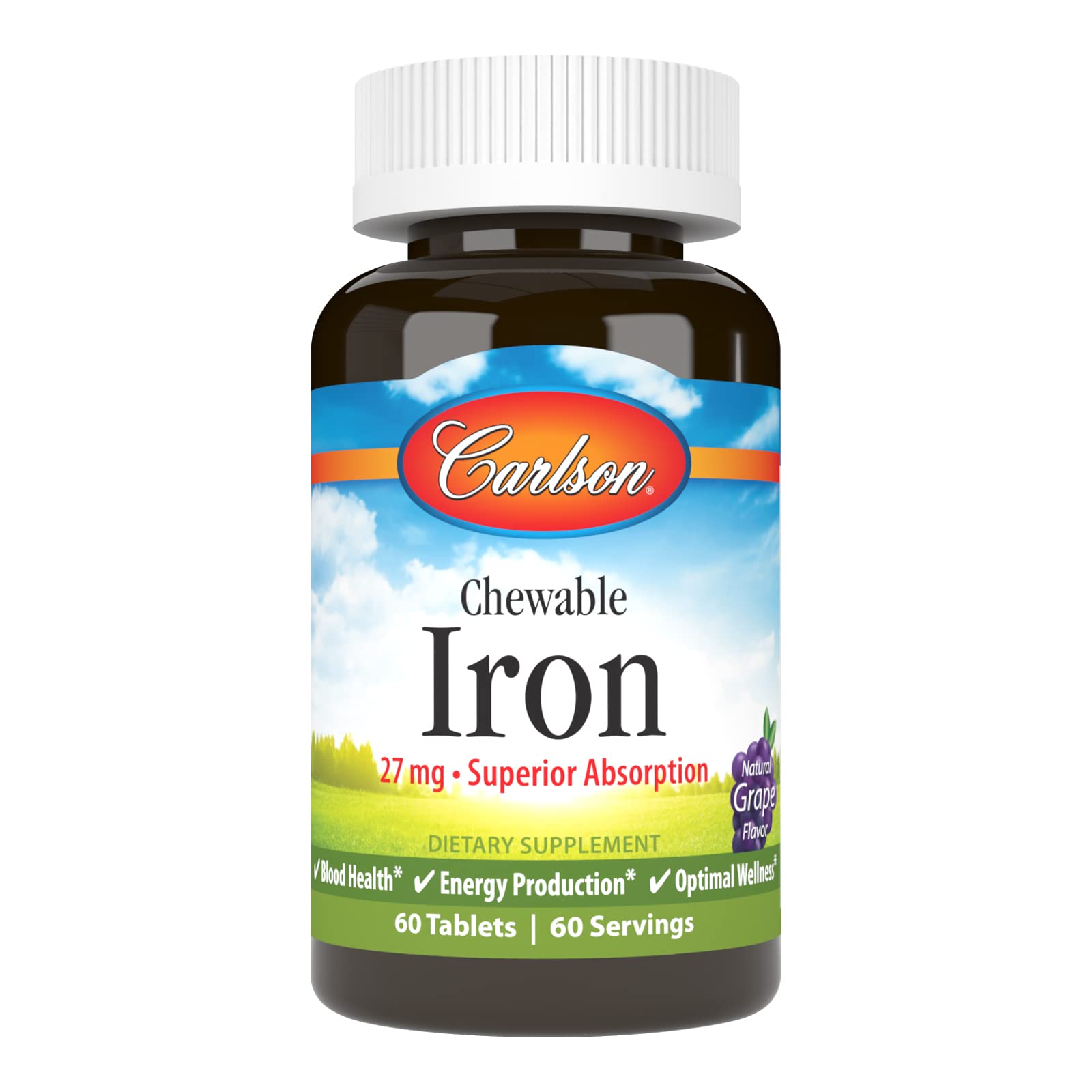 Carlson Iron Supplement 27mg grape chewable tablet front view