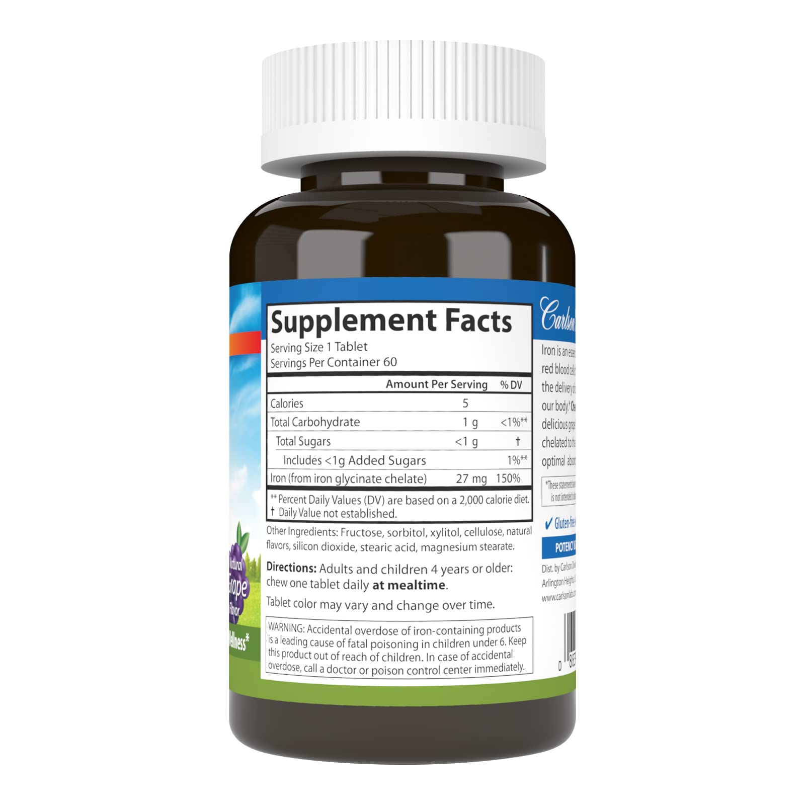 Carlson Iron Supplement packaging with nutritional information