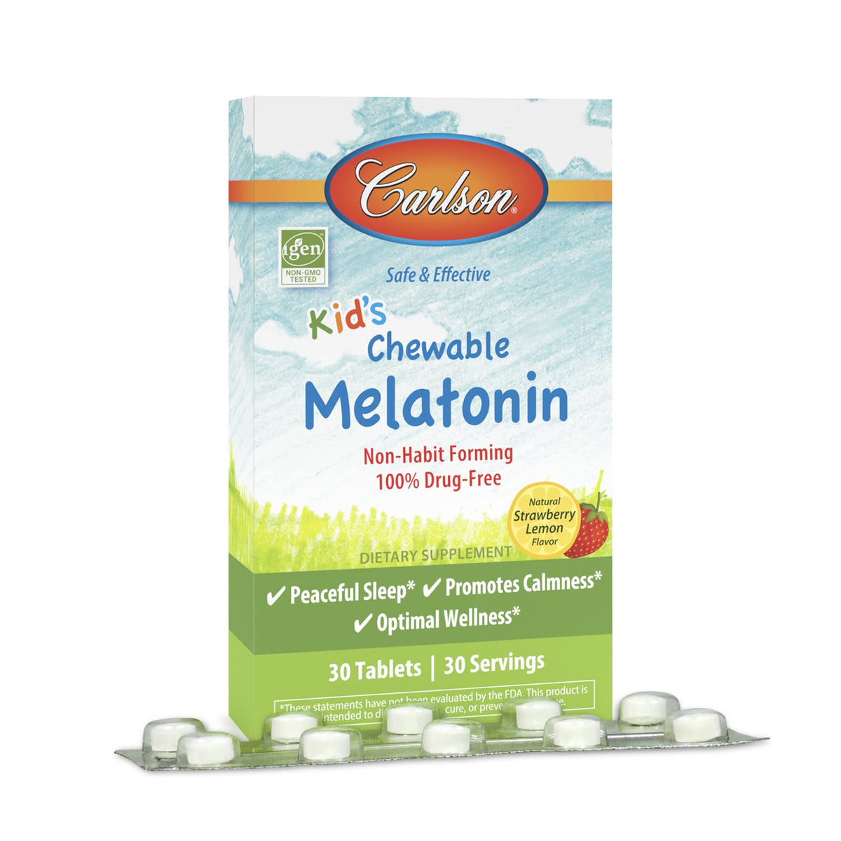 Carlson Kid's Chewable Melatonin 30 Tablets Strawberry-Lemon front view