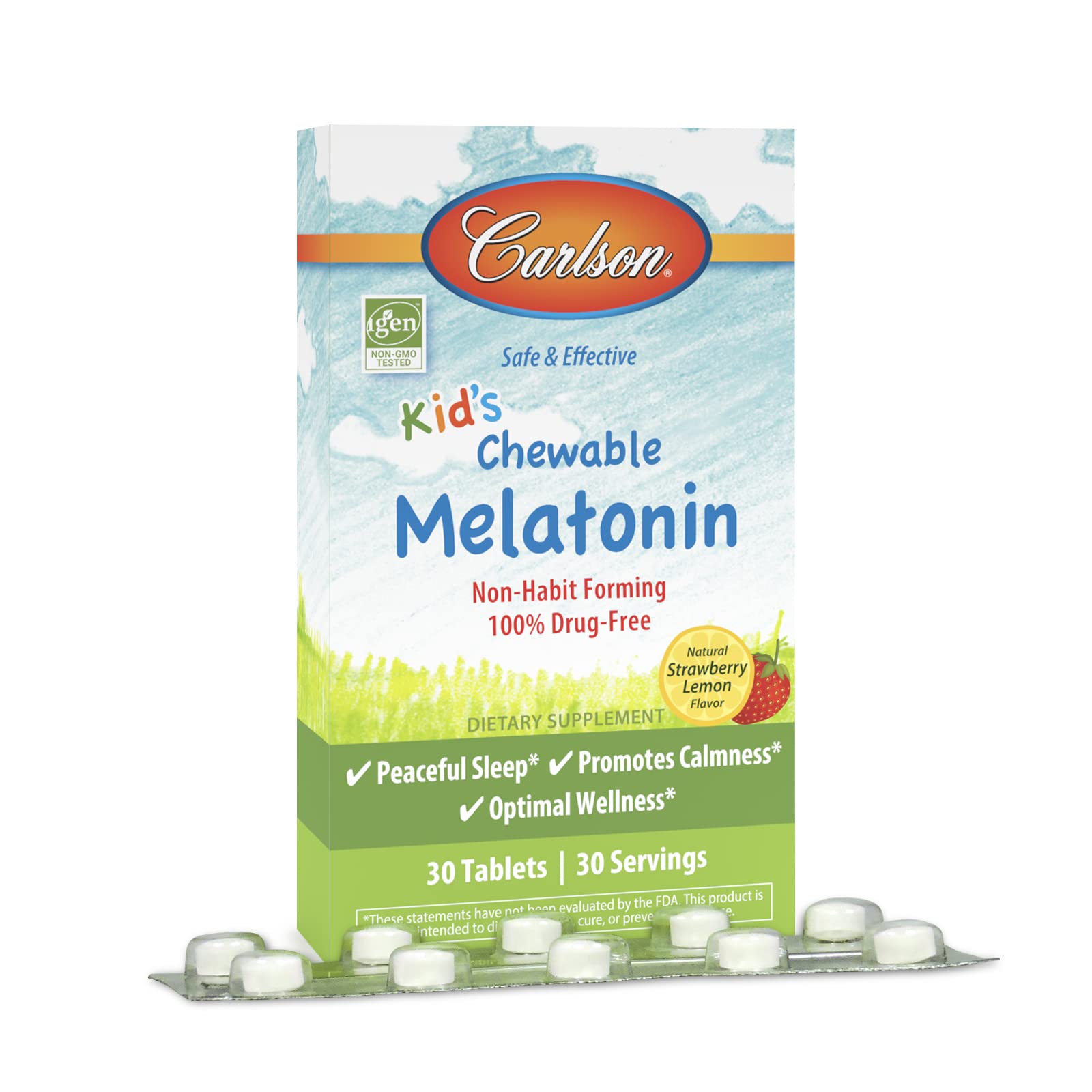 Carlson Kid's Chewable Melatonin 30 Tablets Strawberry-Lemon front view