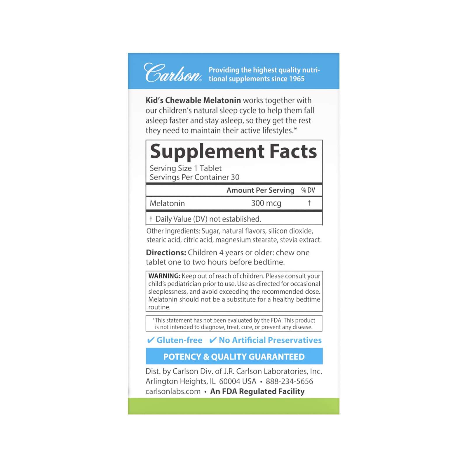 Carlson Kid's Chewable Melatonin packaging with strawberry-lemon flavour