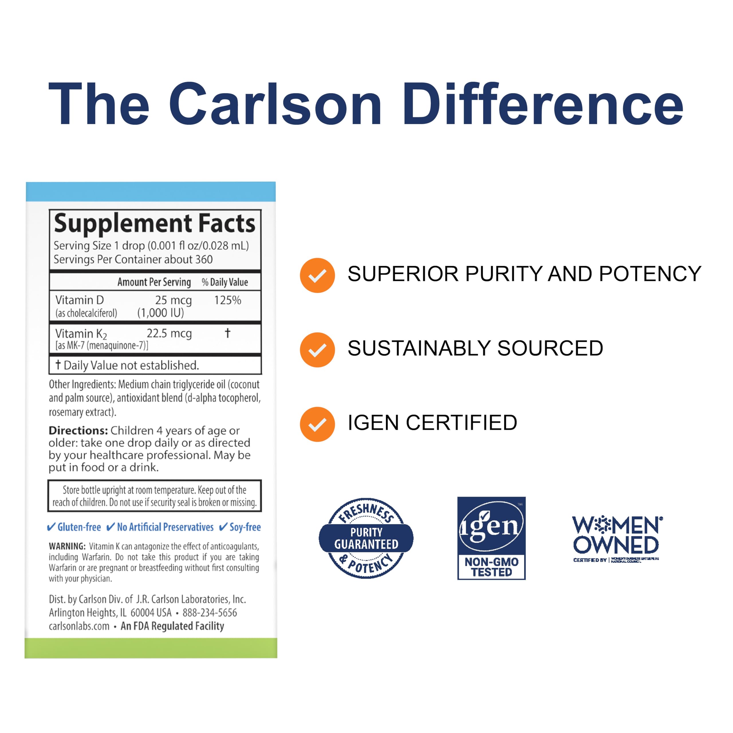 Carlson Kid's Super Daily D3+K2 Drops bottle back view
