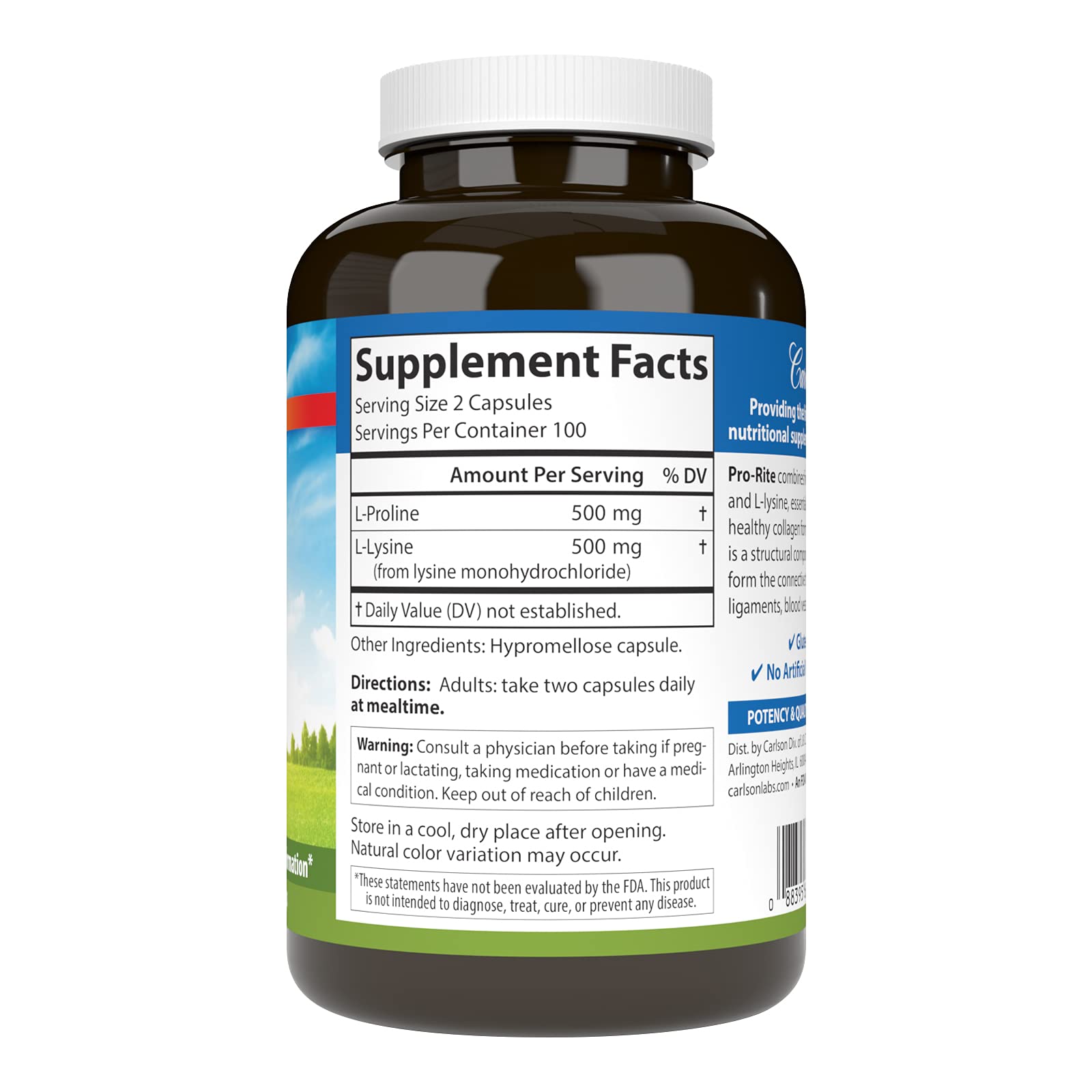 Carlson L-Lysine & L-Proline supplement bottle side view