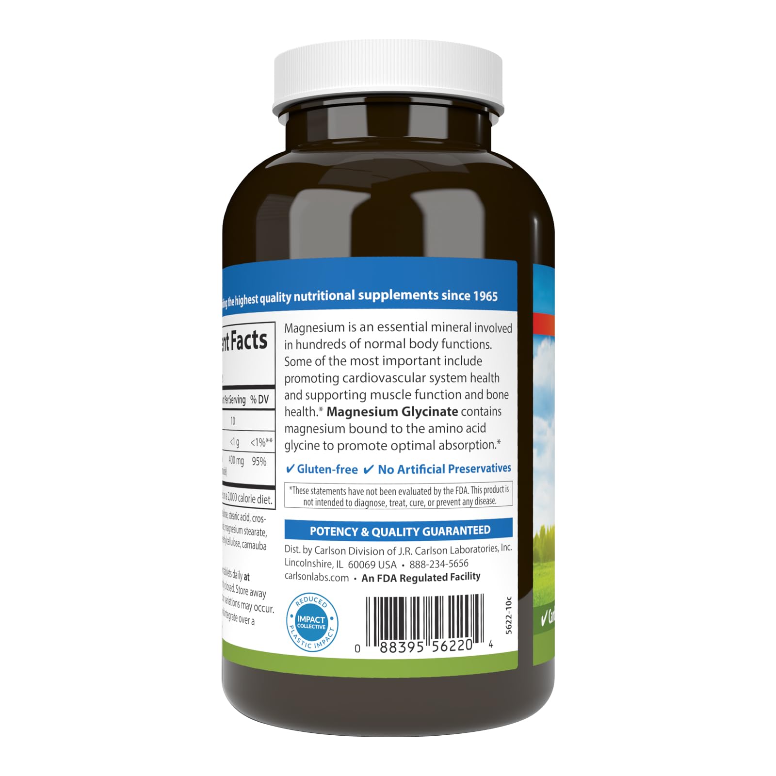 Carlson Magnesium Glycinate 400mg supplement back view