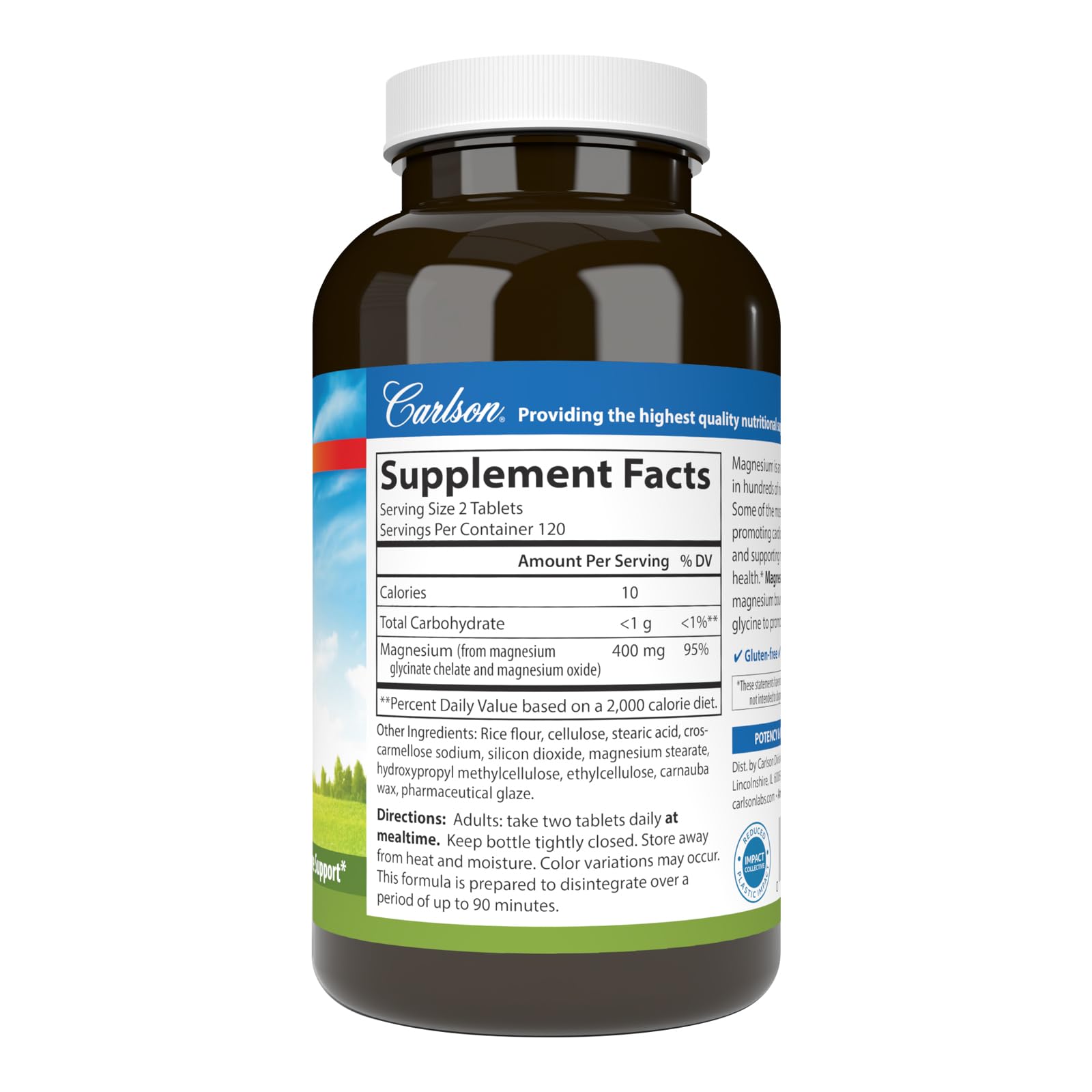 Carlson Magnesium Glycinate 400mg supplement side view