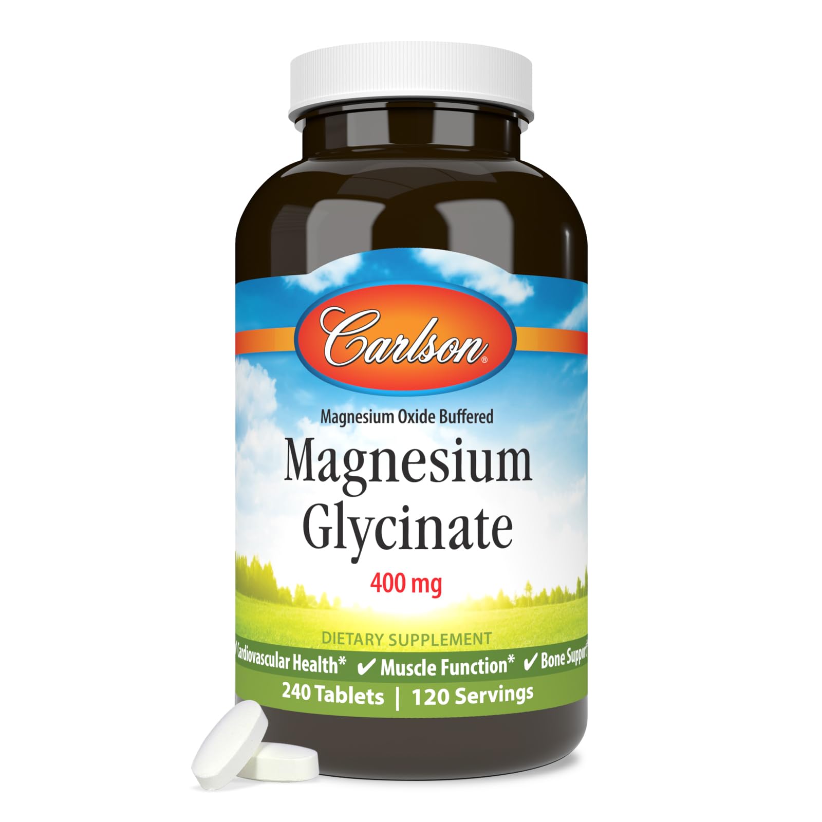 Carlson Magnesium Glycinate 400mg supplement with capsules