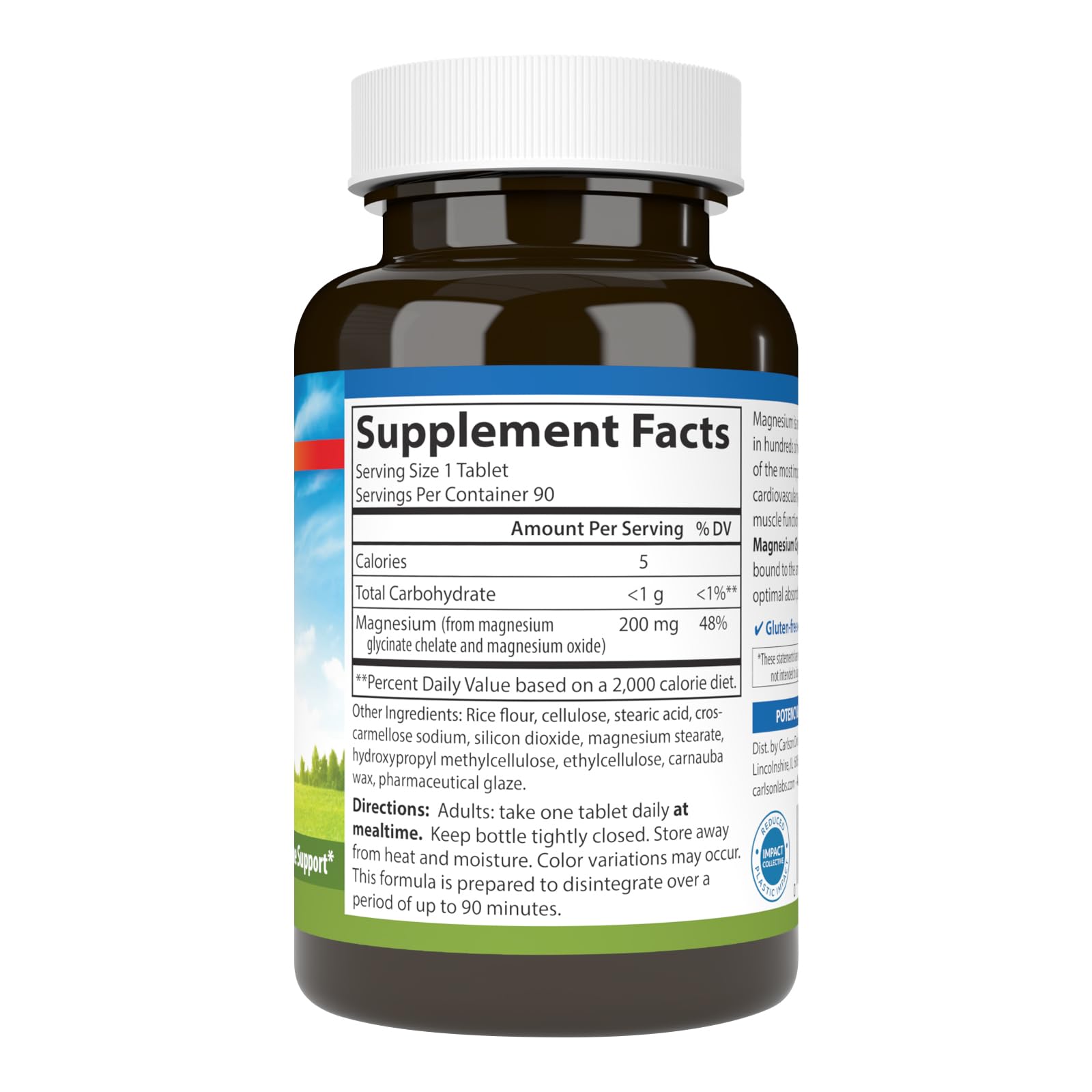 Carlson Magnesium Supplement 200mg back view with ingredients