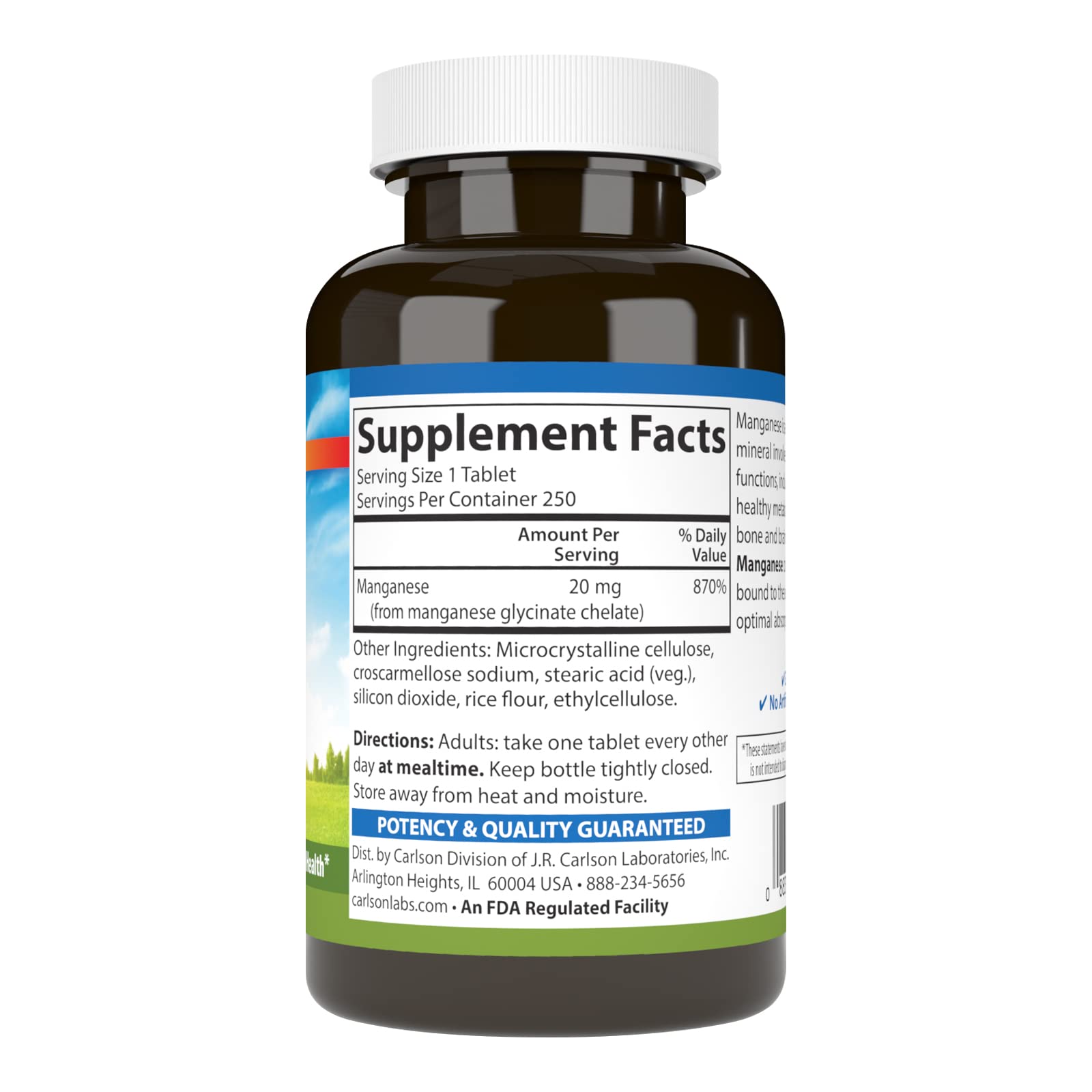 Carlson Manganese Supplement 20 mg back view