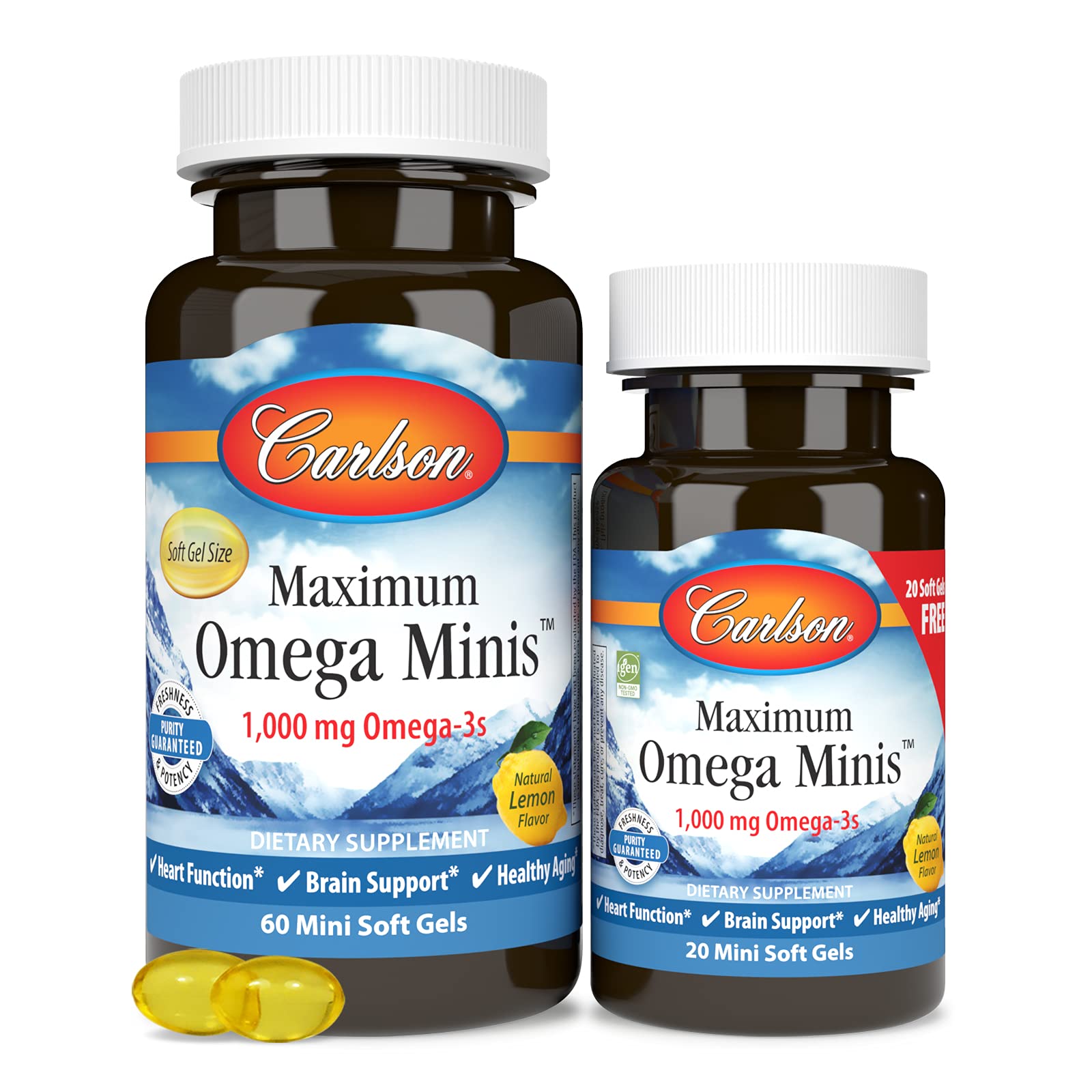 Carlson Omega-3 Fish Oil 1000mg mini soft gels on a wooden table
