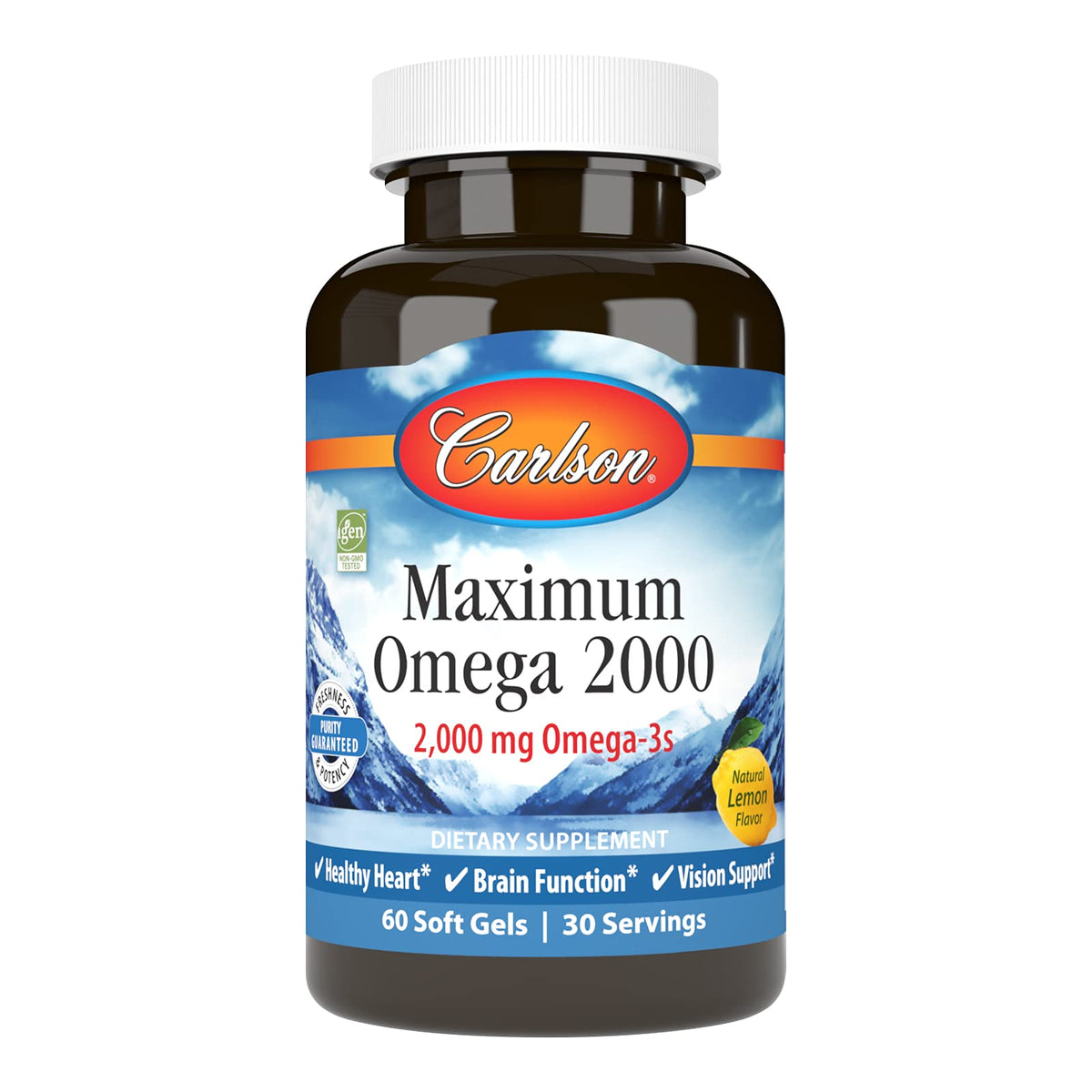 Carlson Omega-3 Fish Oil 2000mg lemon flavour soft gels front view