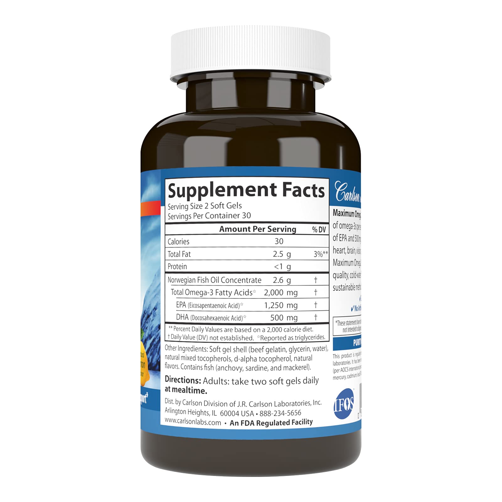 Carlson Omega-3 Fish Oil 2000mg lemon flavour soft gels side view