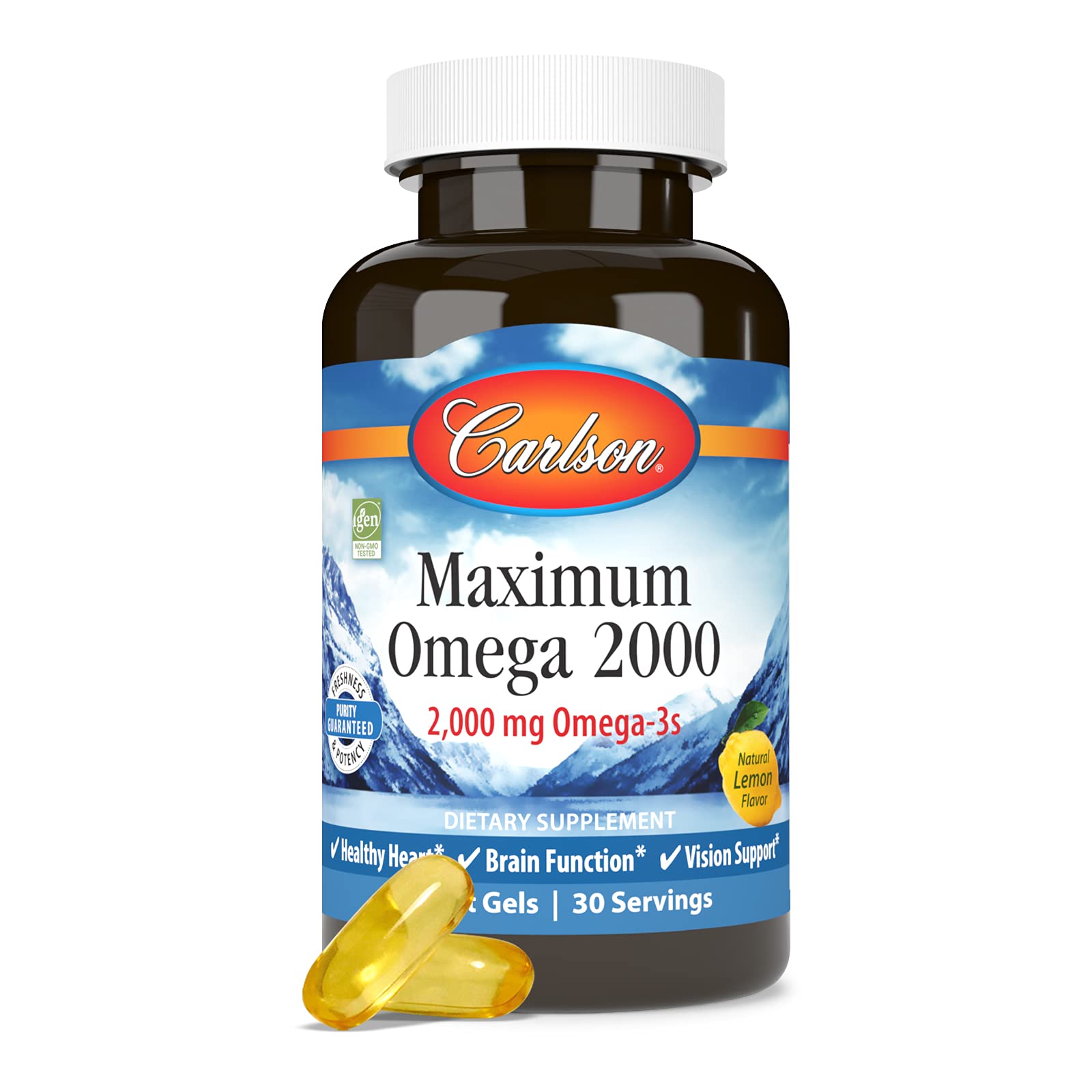 Carlson Omega-3 Fish Oil 2000mg lemon flavour soft gels with lemon slices