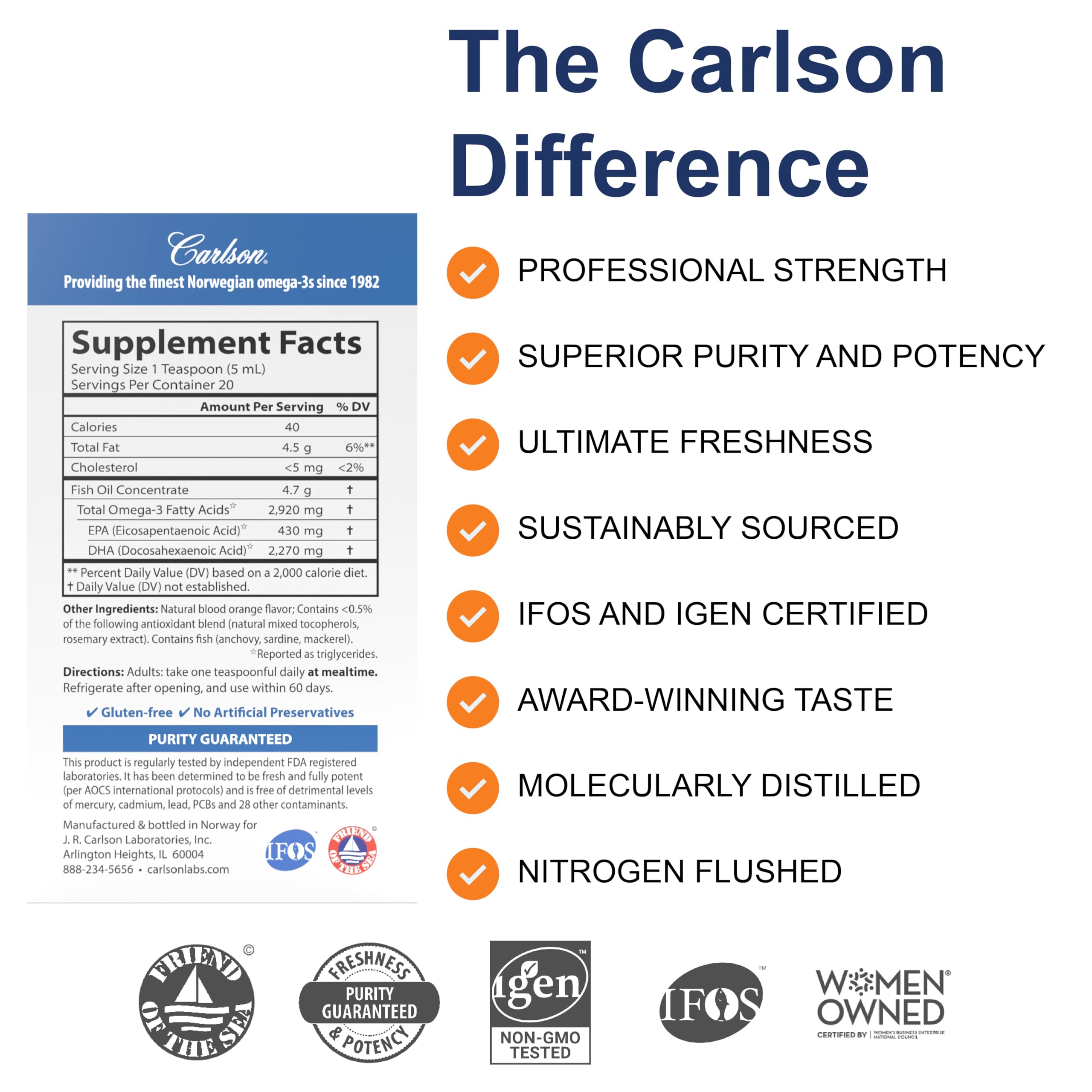 Carlson Omega-3 Fish Oil bottle side view showing nutritional information