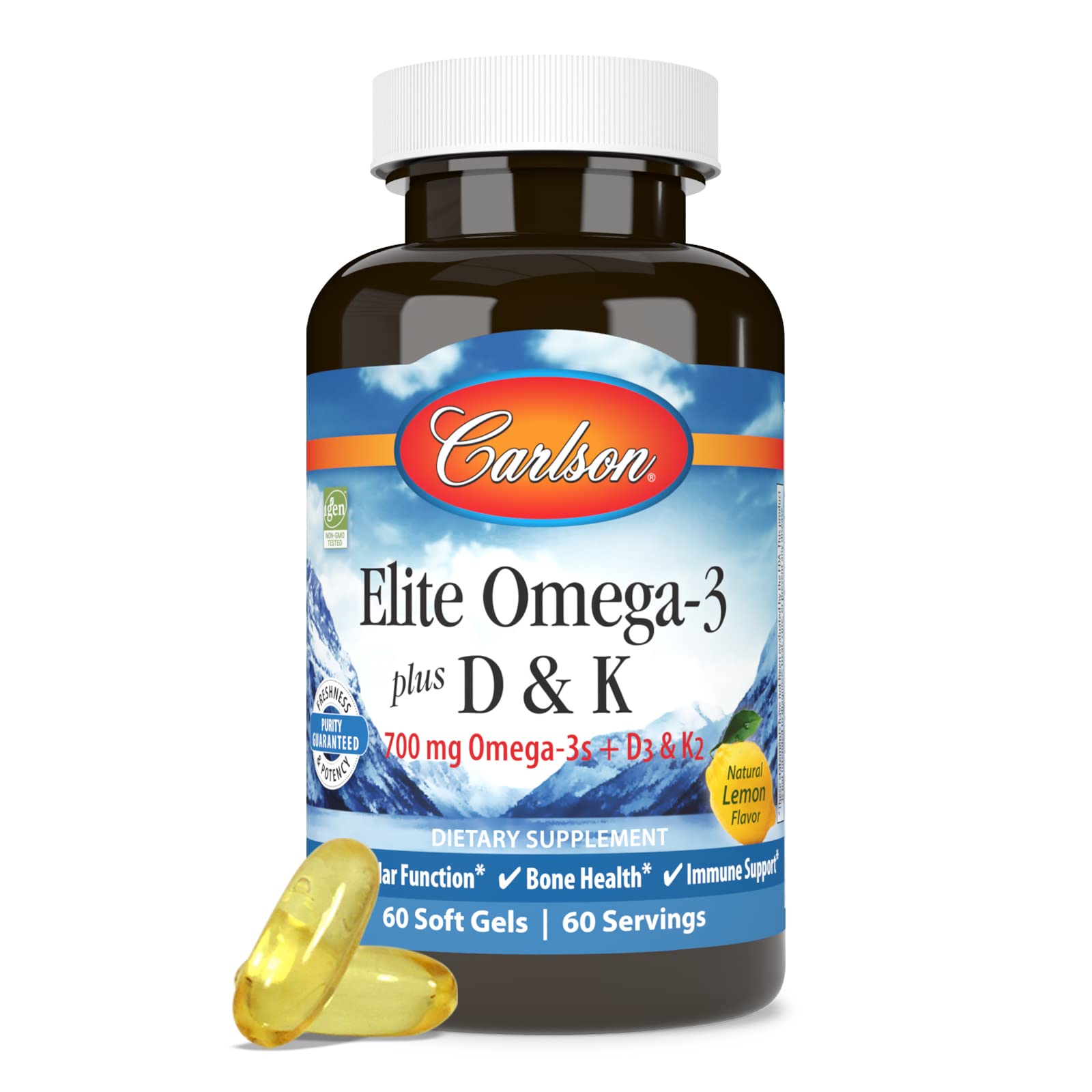 Carlson Omega-3 Fish Oil bottle with a measuring spoon