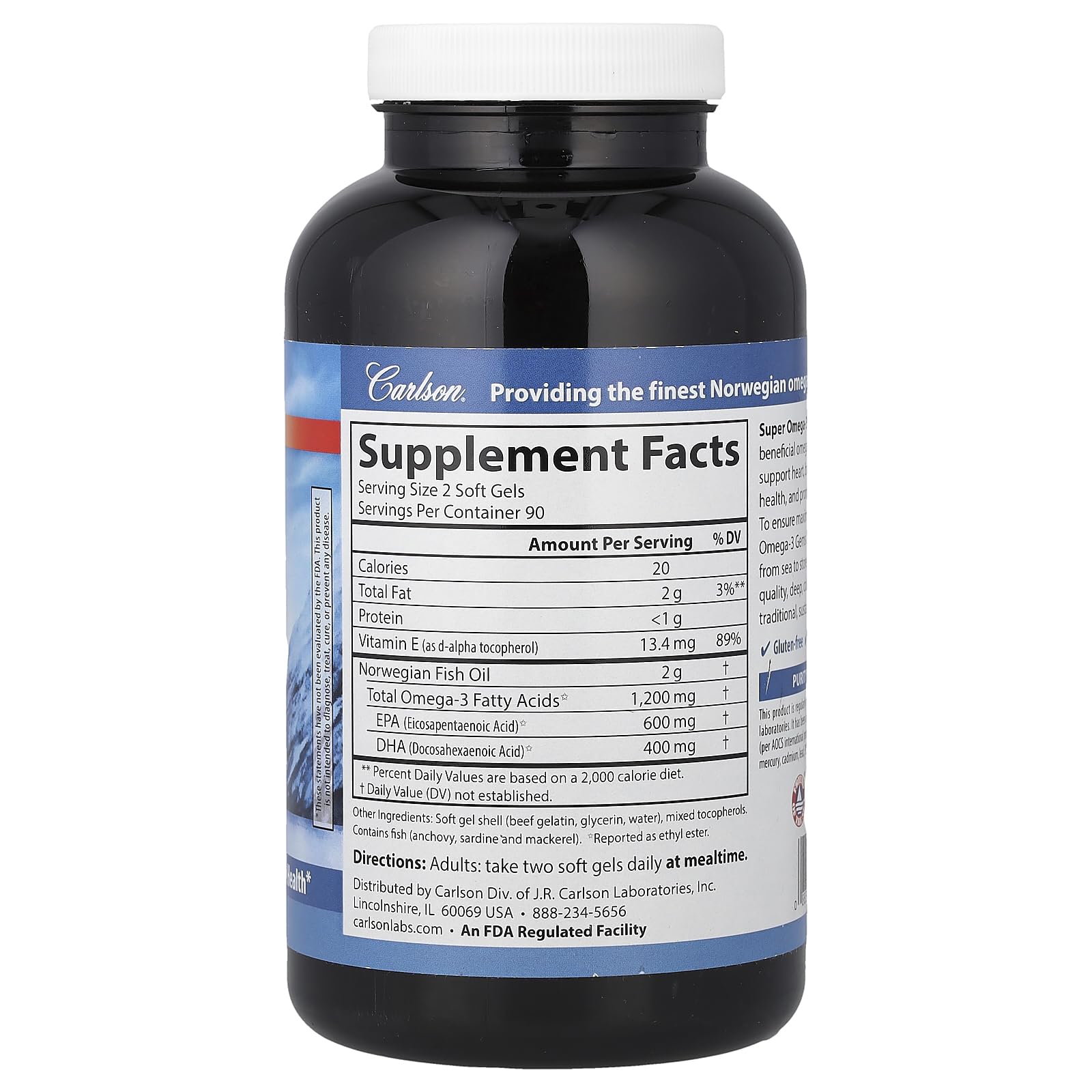 Carlson Omega-3 Fish Oil capsules in a clear bottle