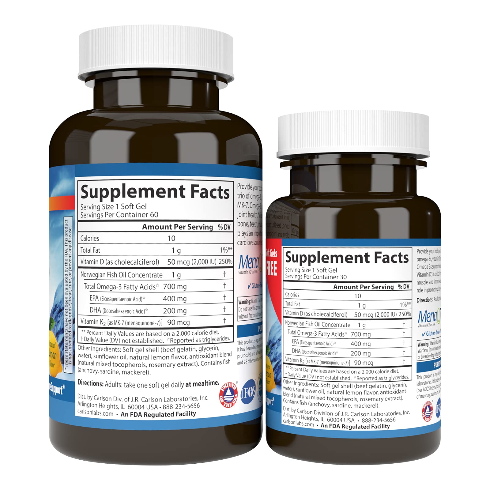 Carlson Omega-3 Fish Oil capsules showing dosage