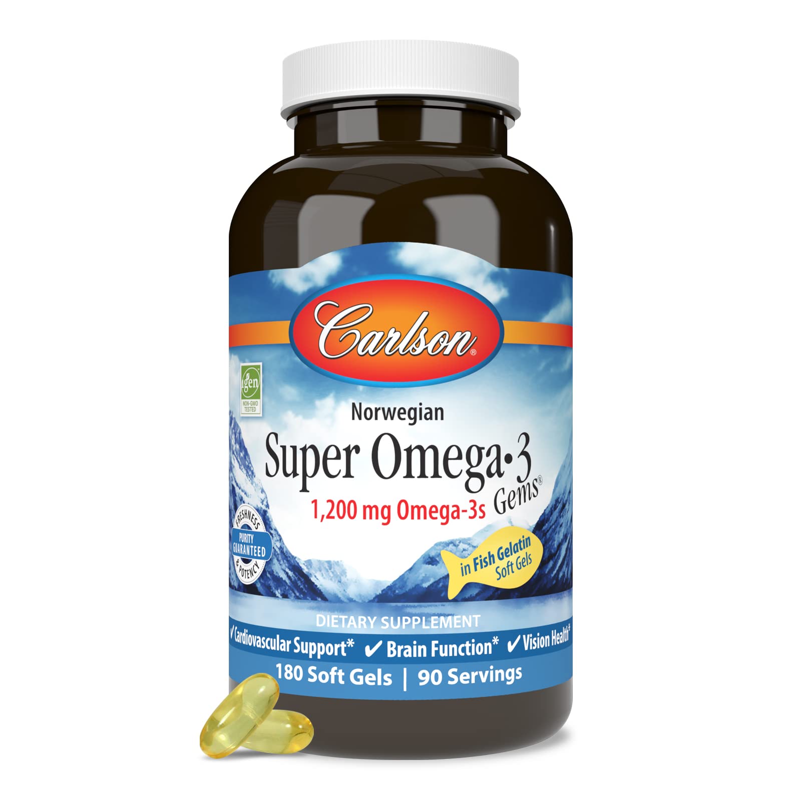 Carlson Omega-3 Fish Oil Soft Gels displayed with fresh fish