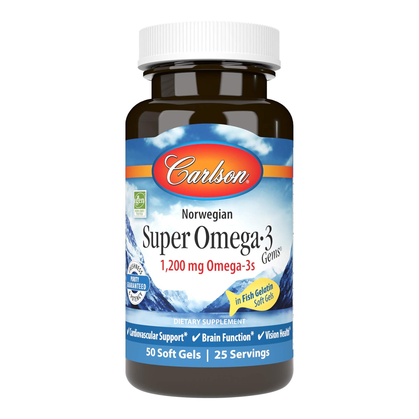 Carlson Omega-3 Fish Oil Soft Gels front view with packaging