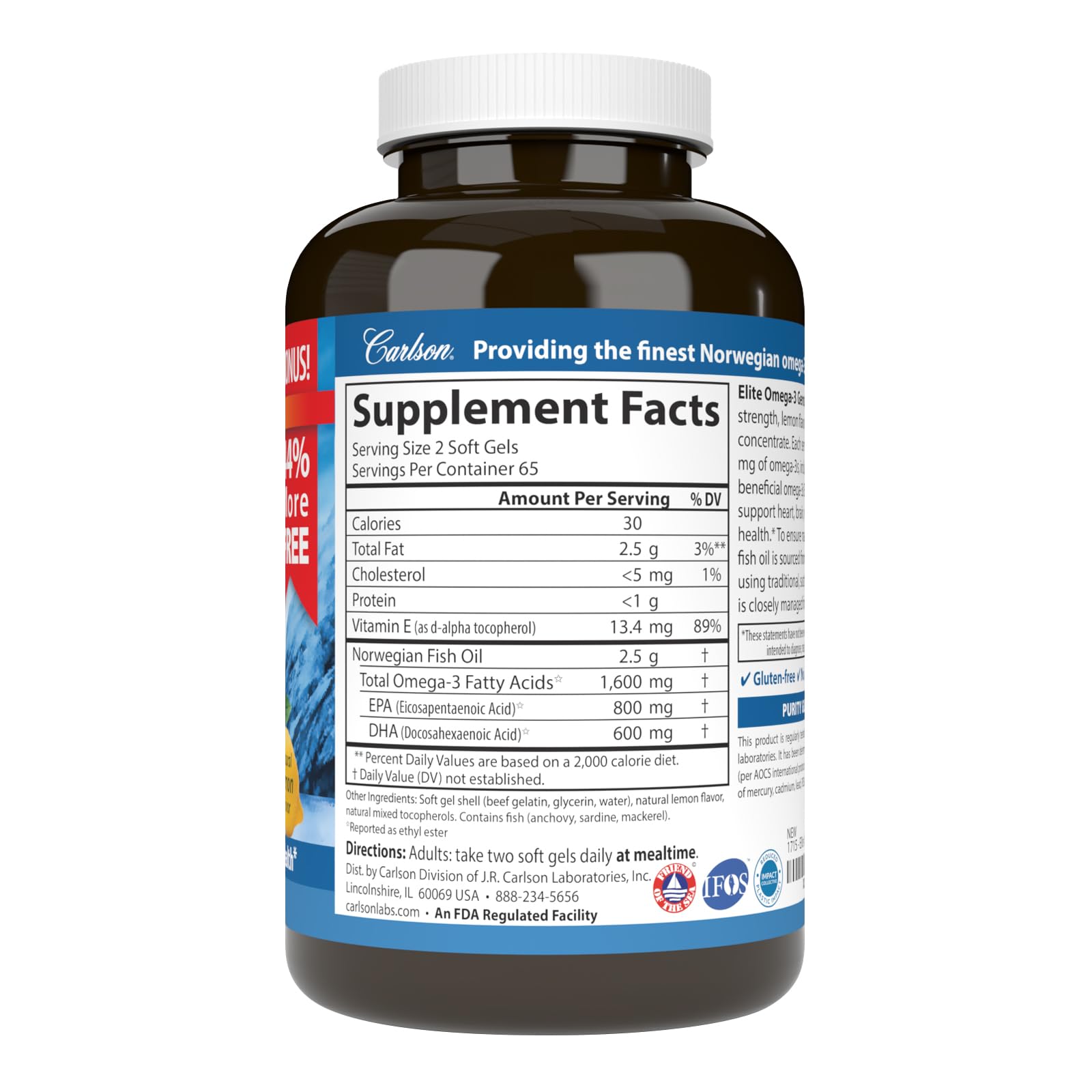 Carlson Omega-3 Fish Oil Soft Gels lemon flavour soft gels