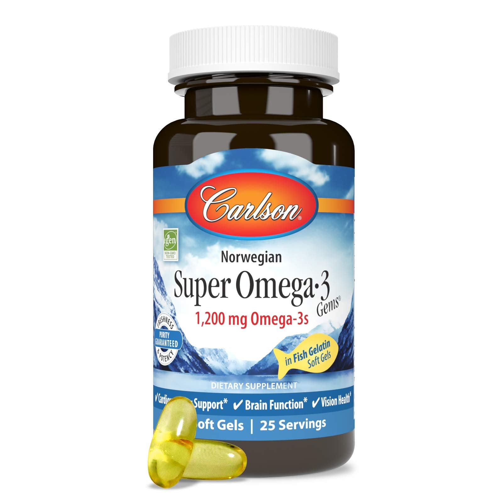 Carlson Omega-3 Fish Oil Soft Gels on a wooden table