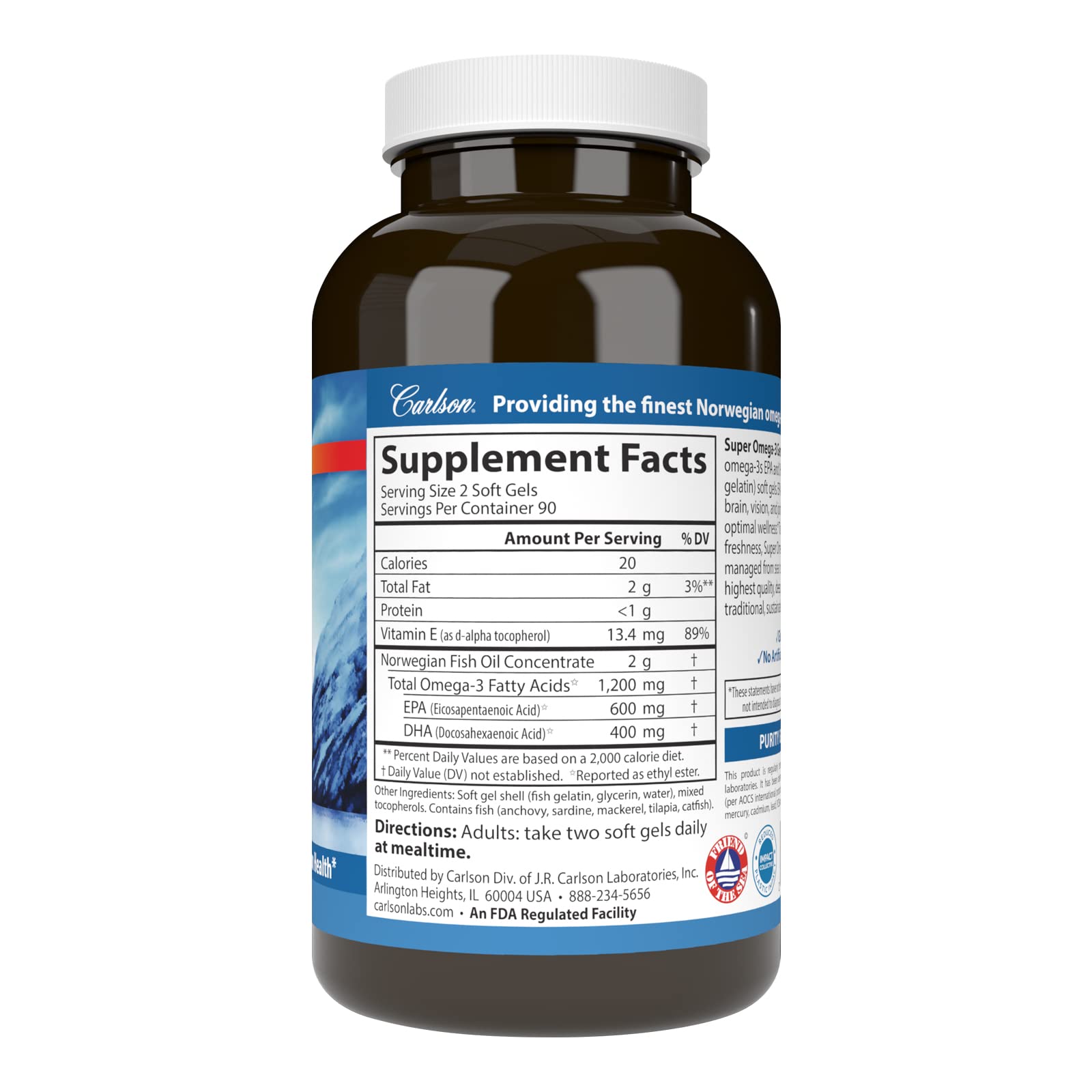 Carlson Omega-3 Fish Oil Soft Gels side view showing dosage details