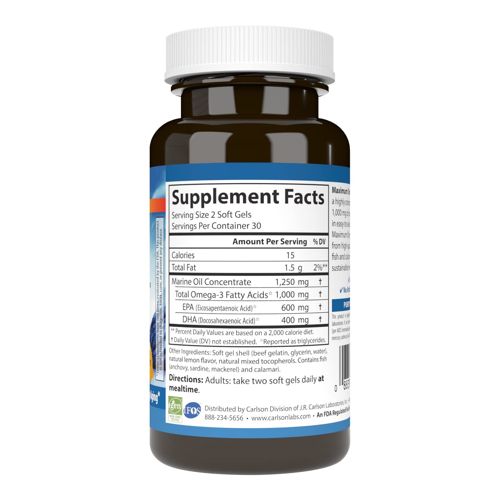 Carlson Omega-3 Mini Soft Gels 1000mg back view with ingredient list