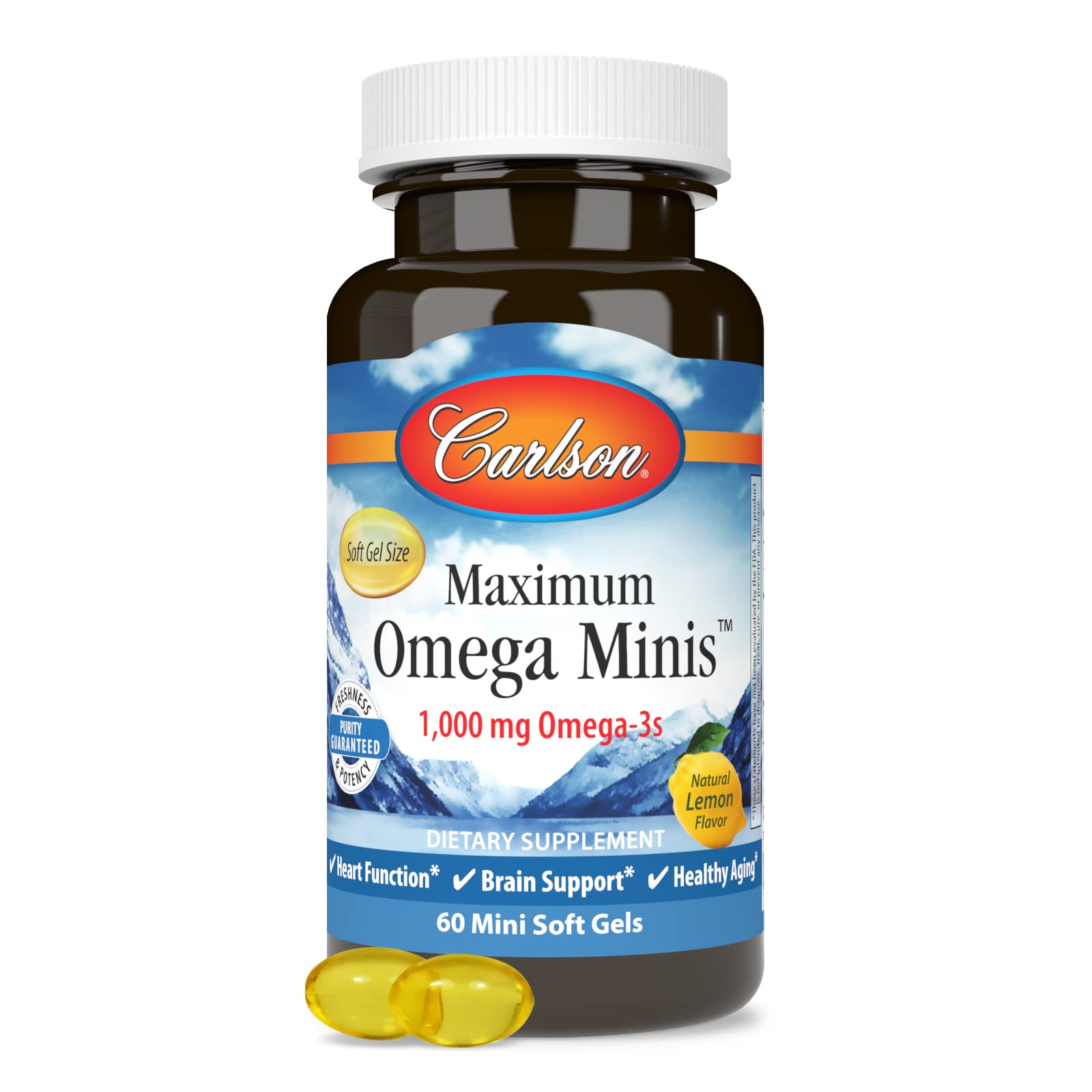 Carlson Omega-3 Mini Soft Gels 1000mg on a wooden table