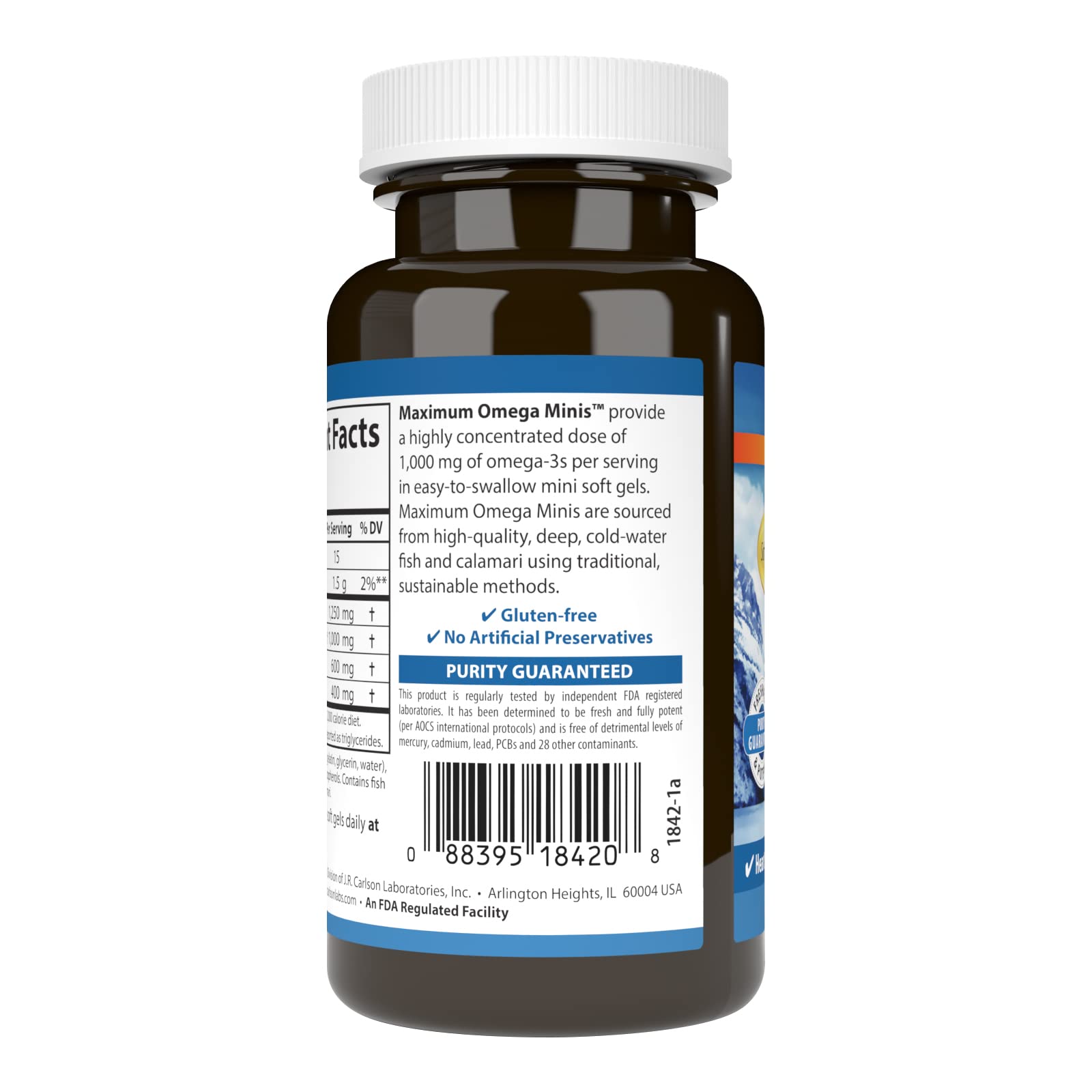 Carlson Omega-3 Mini Soft Gels 1000mg side view showing soft gel size