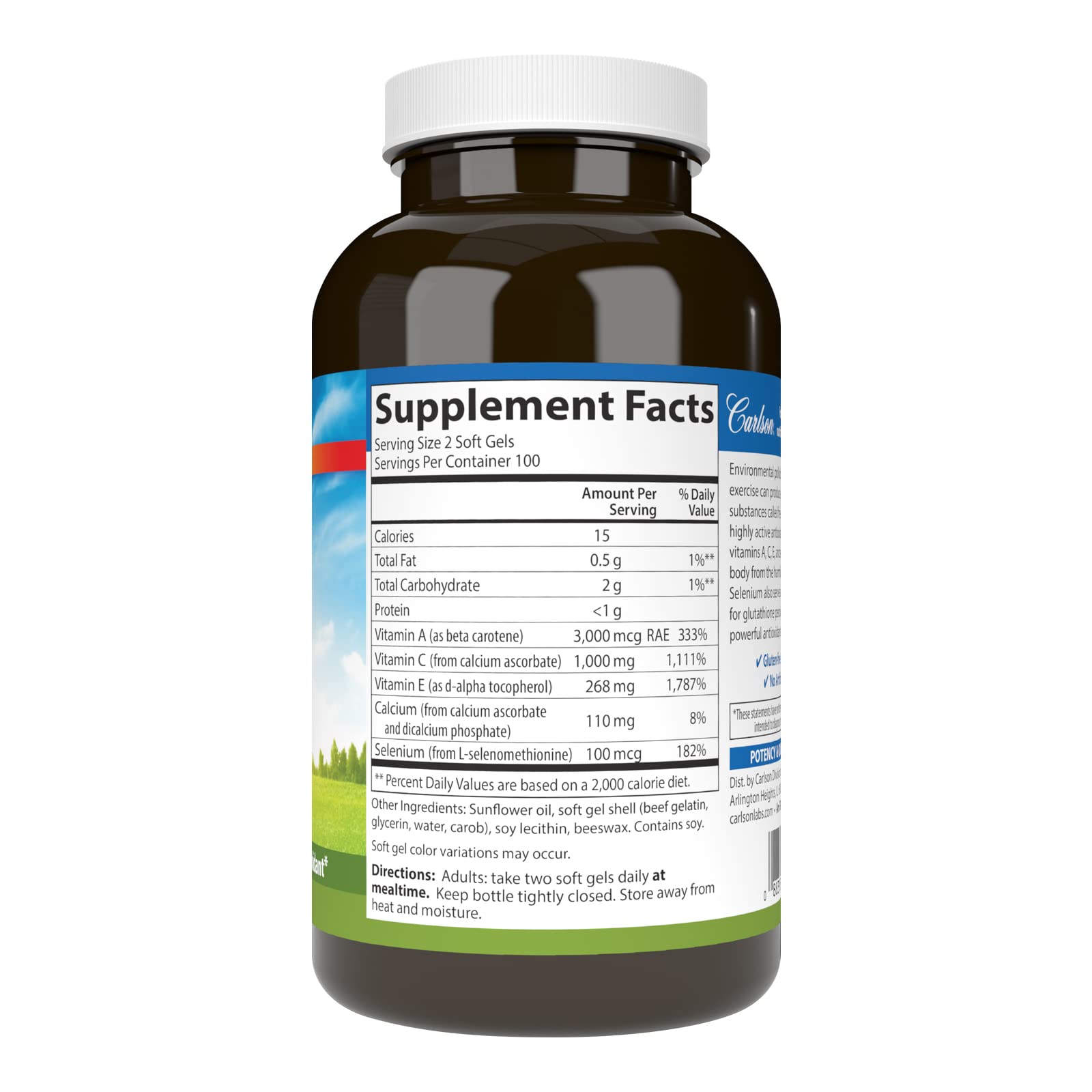 Carlson Selenium 200mcg Antioxidant Supplement back view with ingredient list