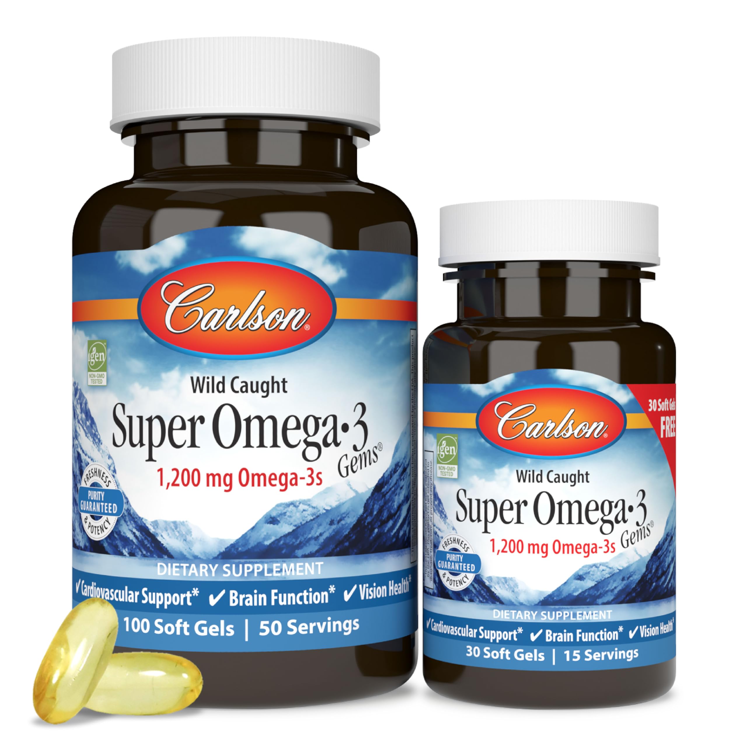 Carlson Super Omega-3 Fish Oil Capsules front view with packaging