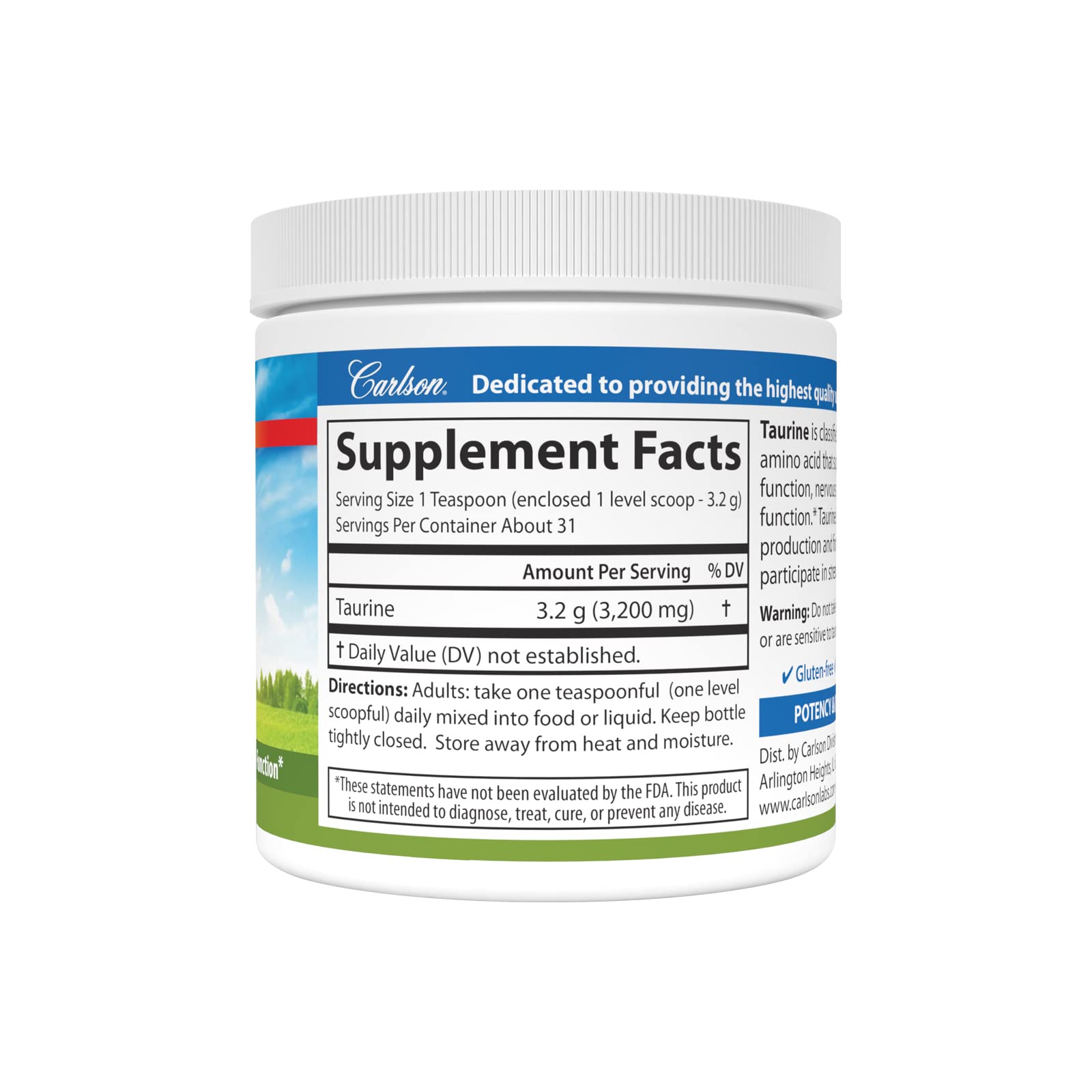 Carlson Taurine Powder 136g side view with scoop
