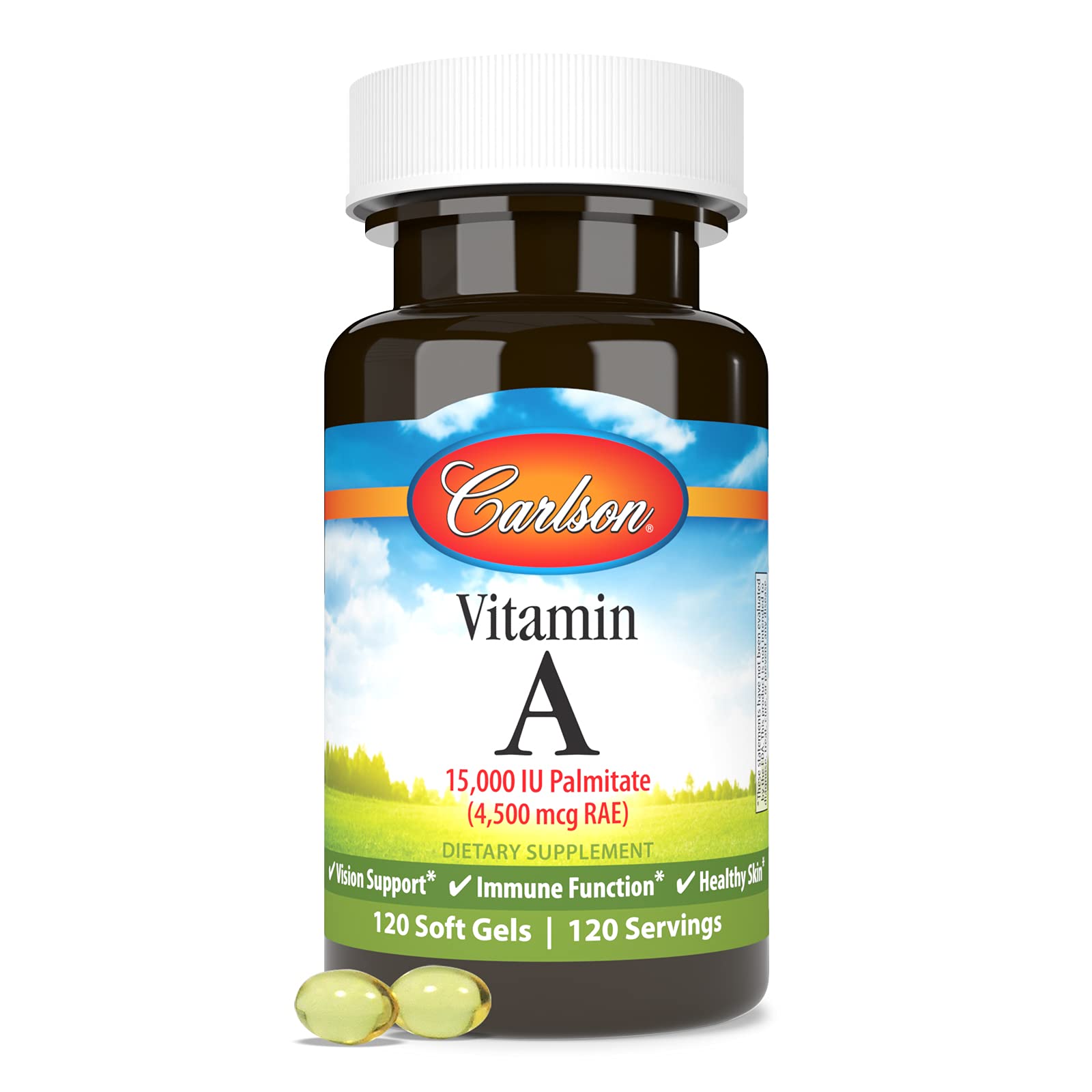 Carlson Vitamin A Soft Gels on a wooden surface