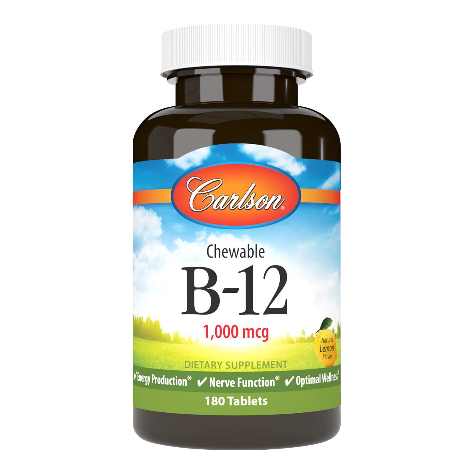 Carlson Vitamin B12 1000 mcg lemon chewable tablets front view